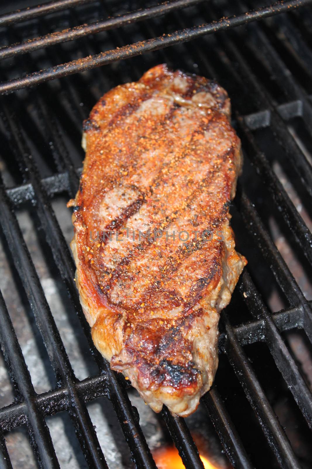 Grilled spicy steak on a BBQ wirth grill marks.