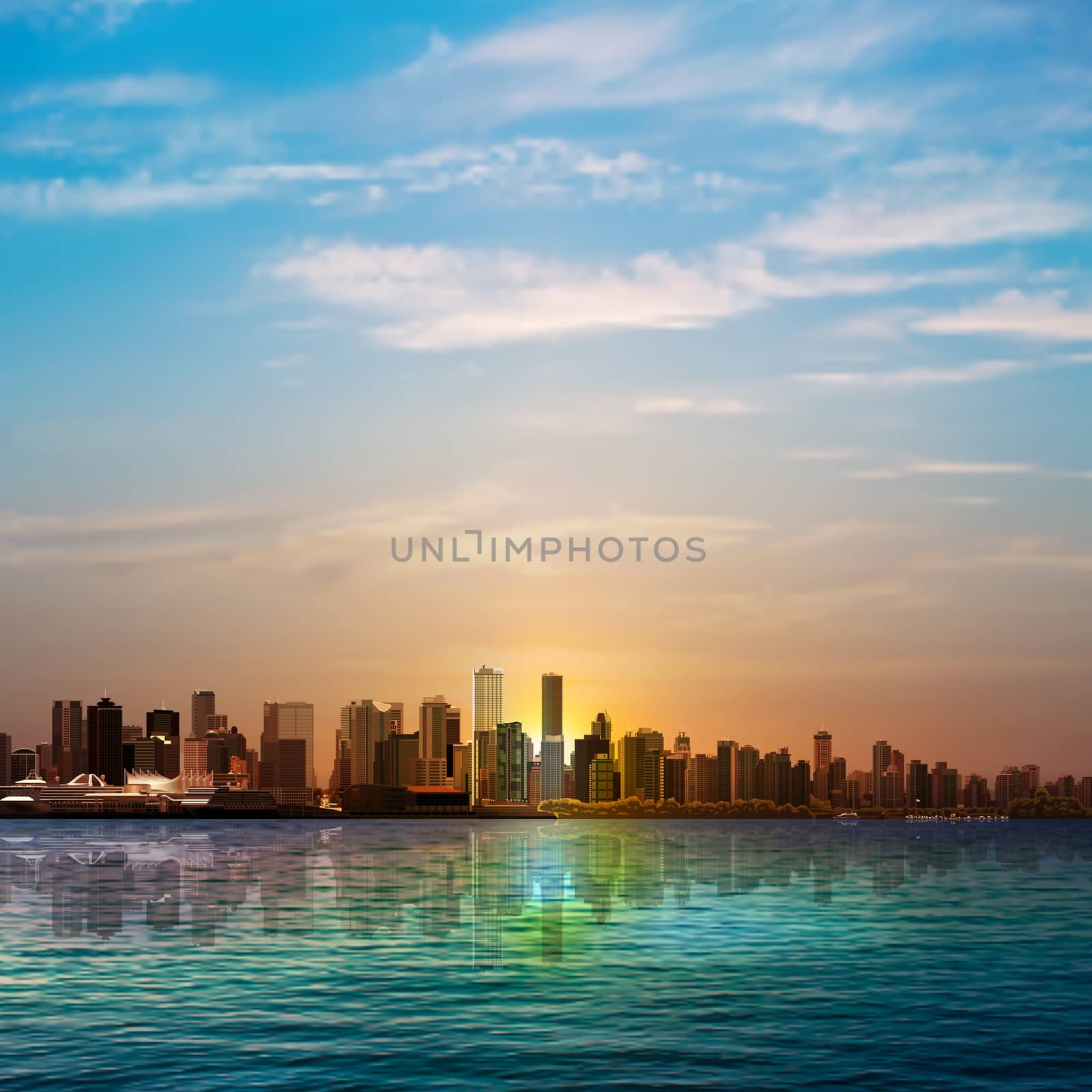 abstract nature background with panorama of Vancouver and blue sky