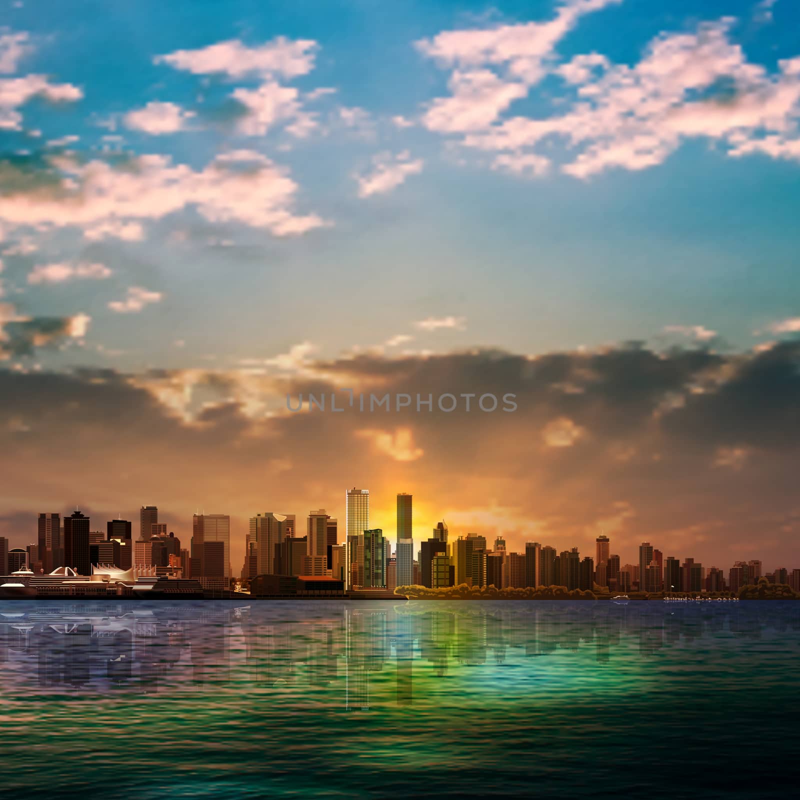 abstract nature background with panorama of Vancouver and dark clouds