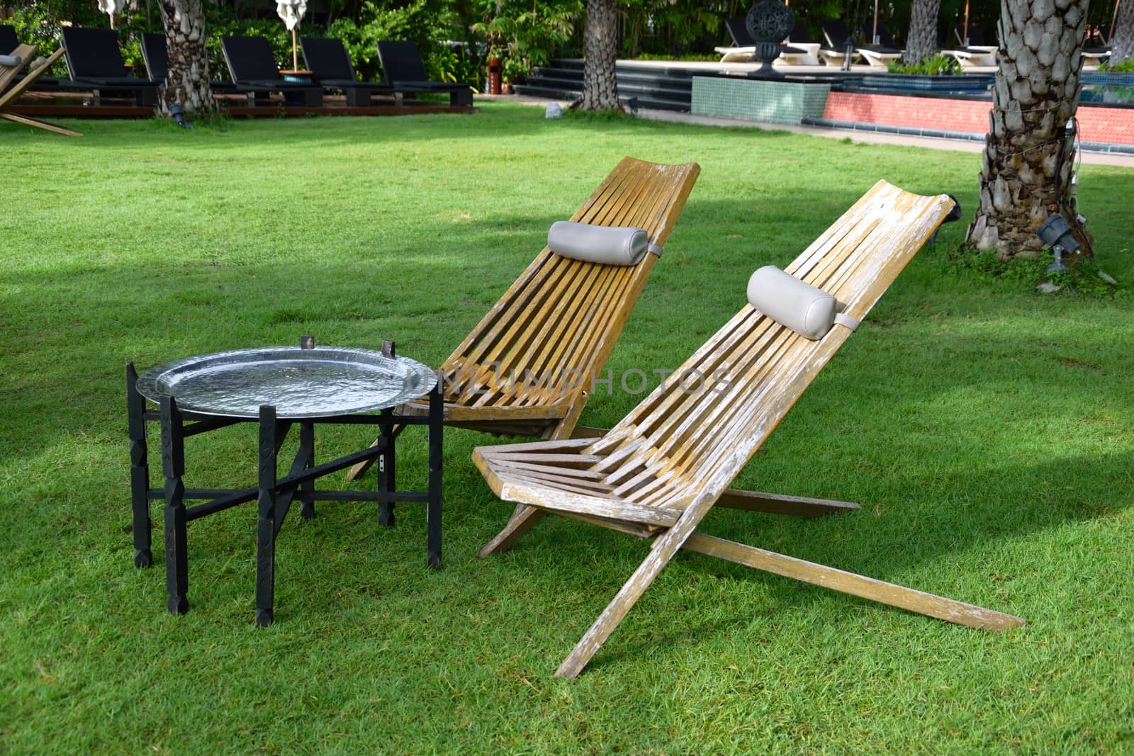 table and chair on lawn