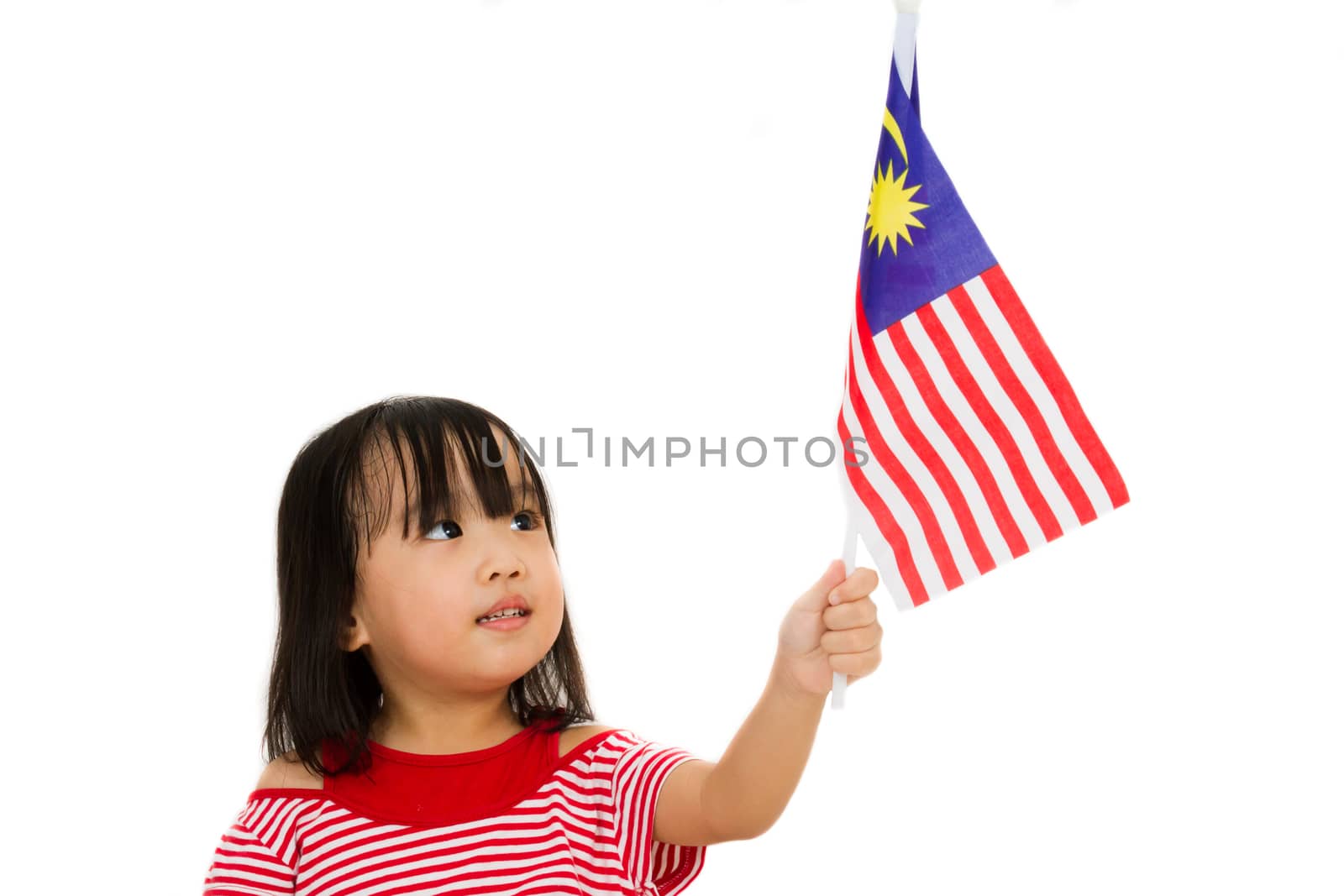 Asian chinese child with Malaysia Flag in isolated white background.