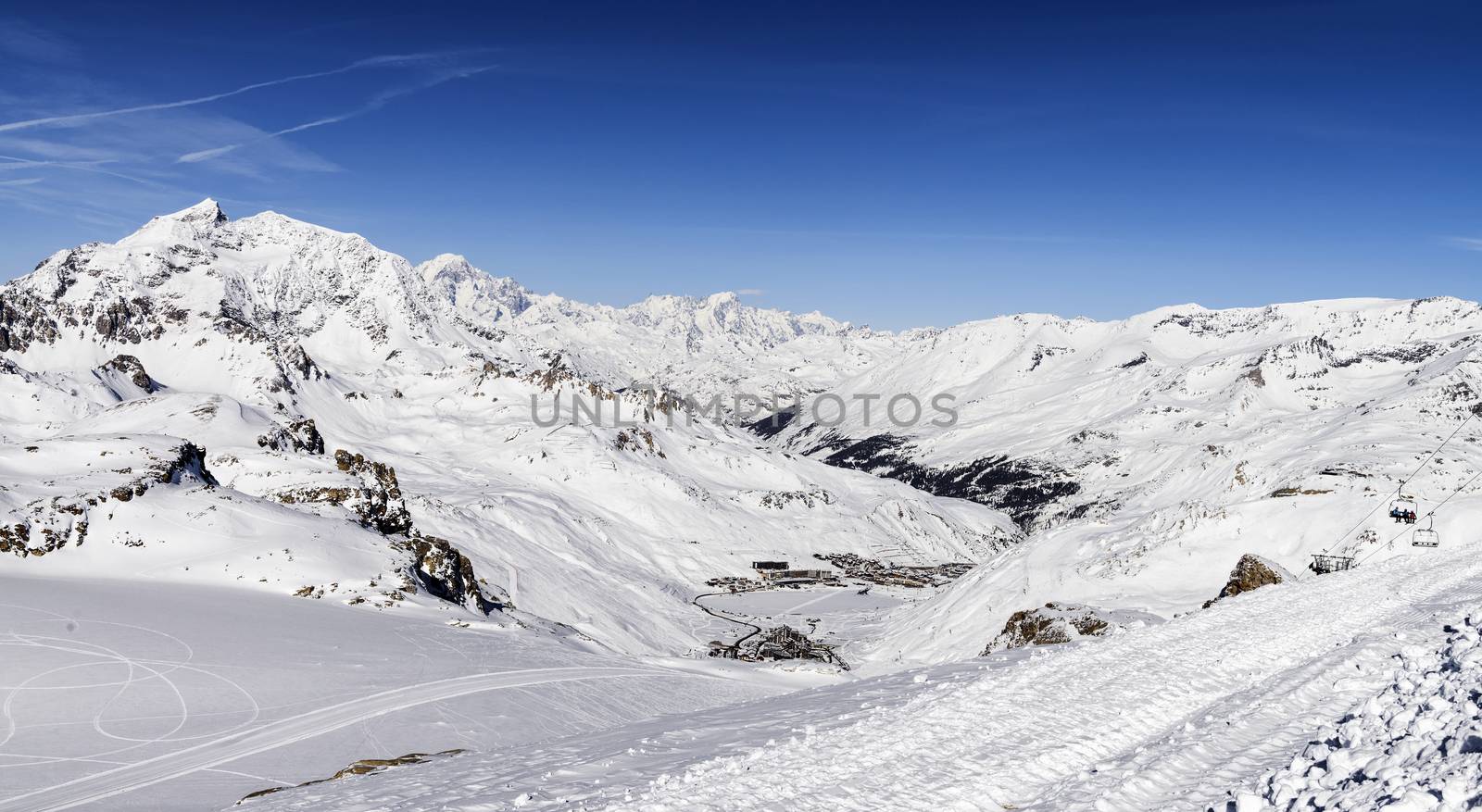 Llandscape and ski resort in French Alps,Tignes, Le Clavet, Tarentaise, France 