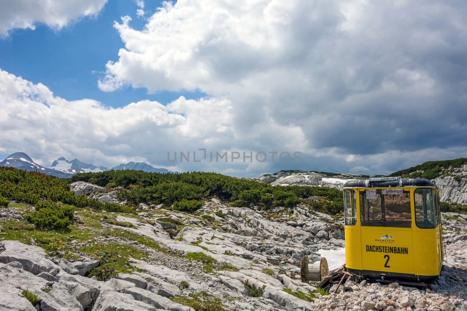 Obertraun, Austria - June 27, 2014: Ropeway gondola at Dachstein mountains, a famous tourist destination of Salzburger Land for hikers.
