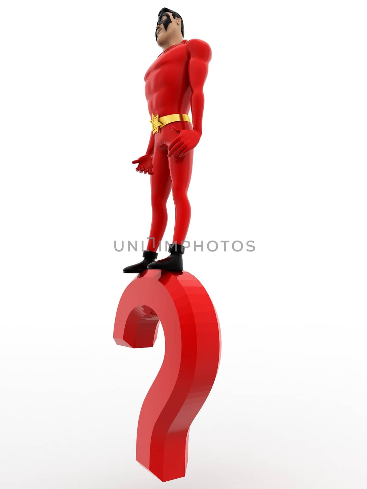 3d superhero standing on question mark concept on white background, side angle view