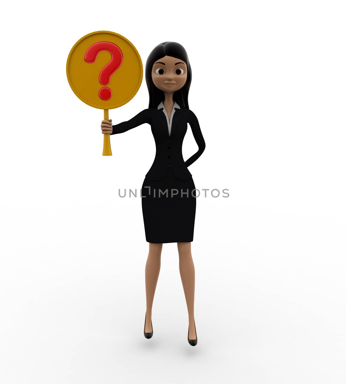 3d woman holding question mark symbol concept on white background, front angle view