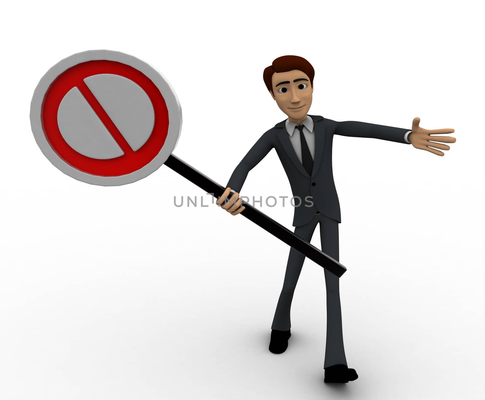 3d man holding no entry symbol concept on white background, front angle view