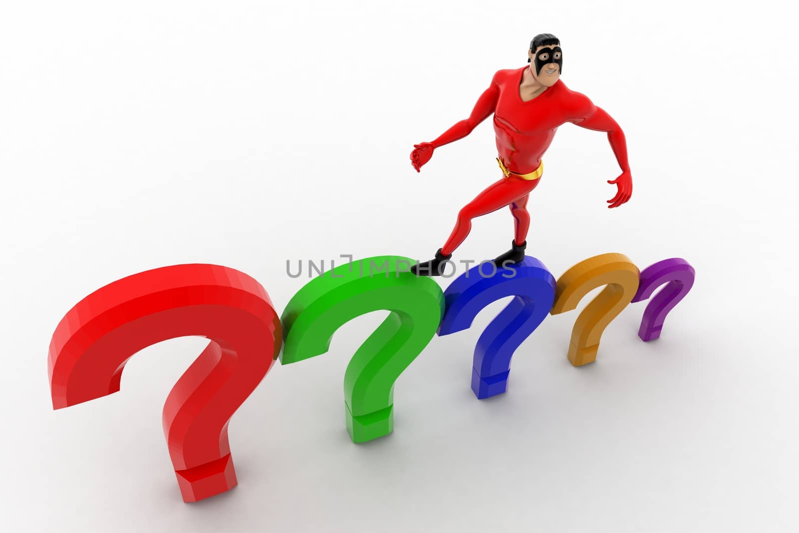 3d superhero  with stairs of question marks concept on white background, top angle view