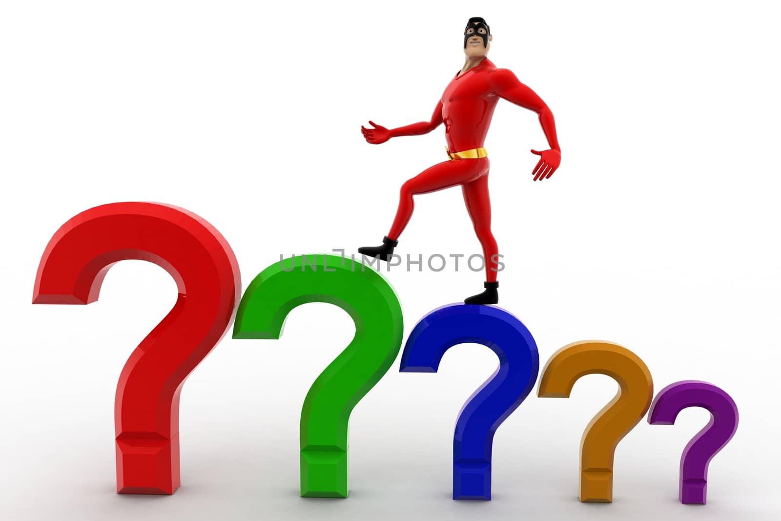 3d superhero  with stairs of question marks concept on white background, front angle view