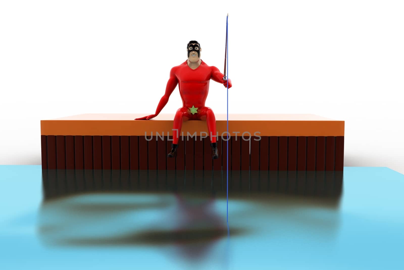 3d superhero  fishing with fishing rod concept on white background, front angle view