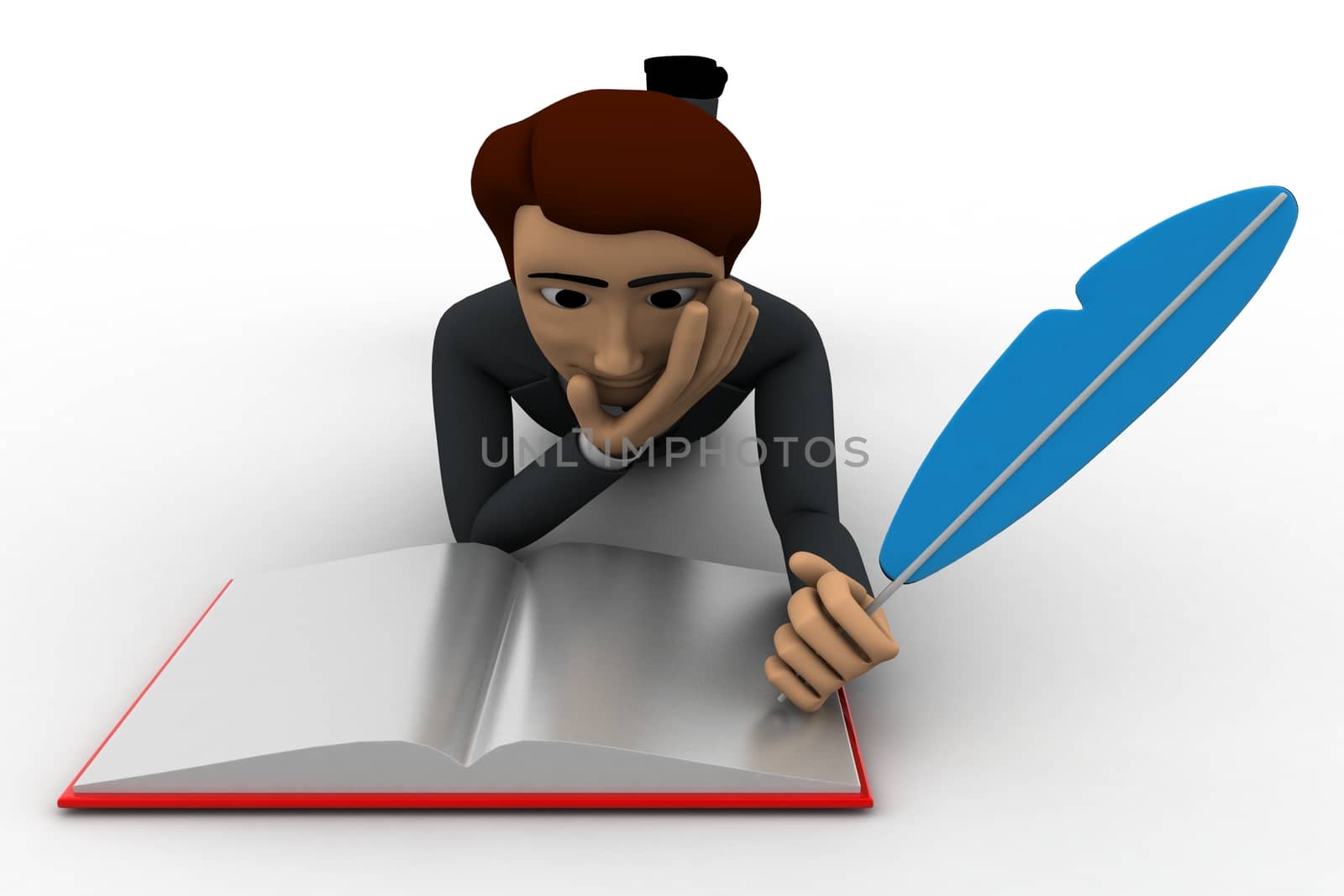 3d man wrute in book with feather concept on white background, front angle view