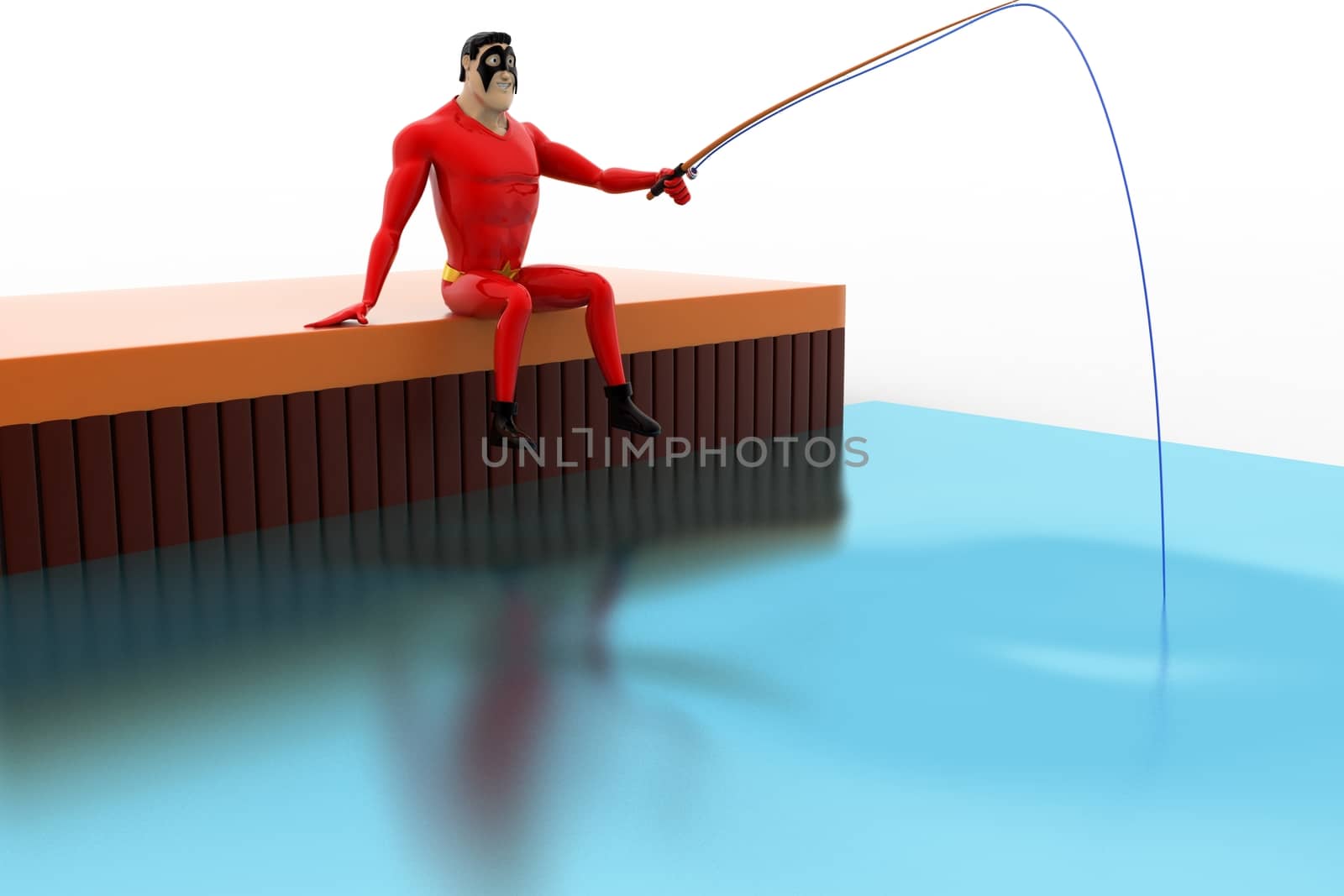 3d superhero  fishing with fishing rod concept on white background, side angle view