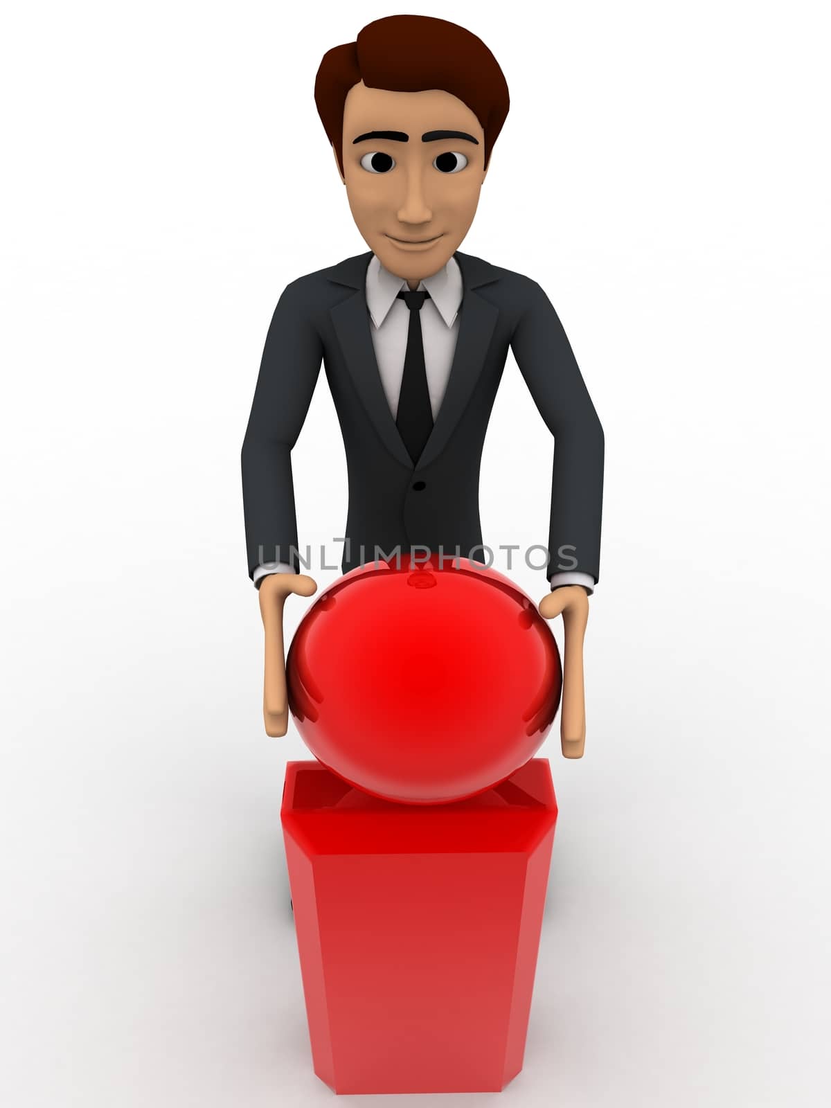 3d man with exclamation mark concept on white background,  front angle view