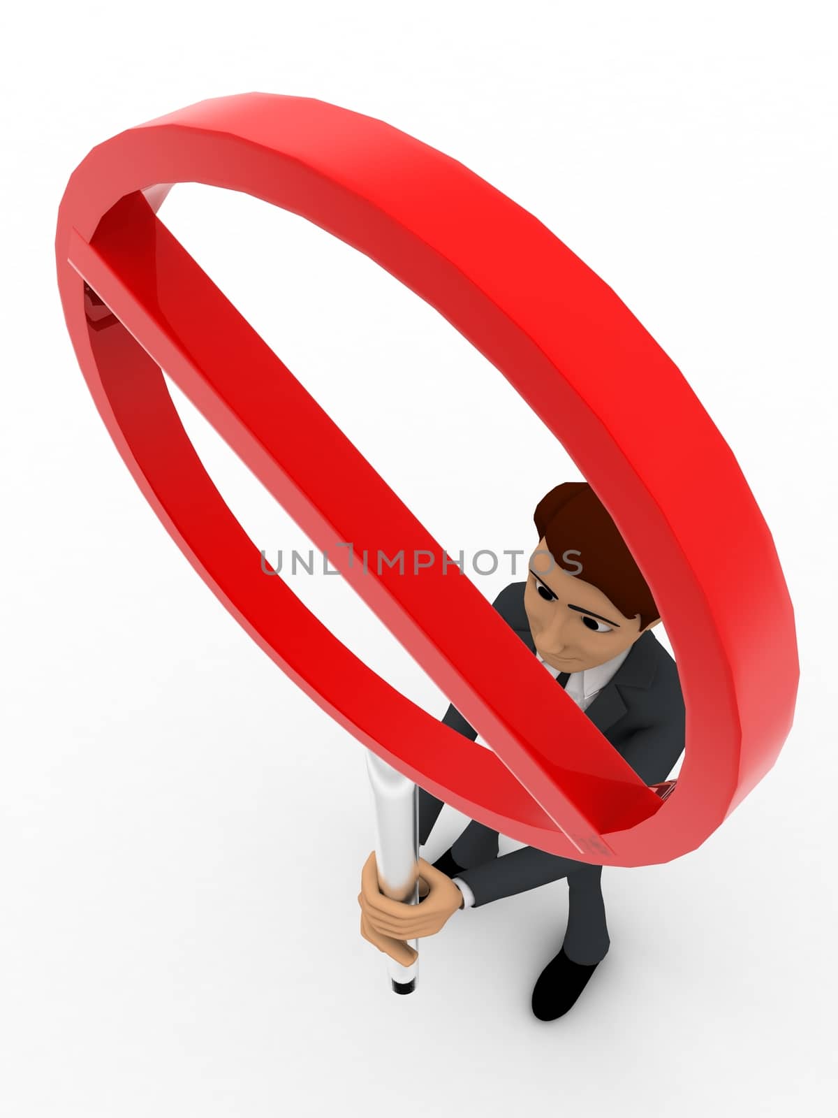 3d man holding stop sign board concept on white background,  top angle view