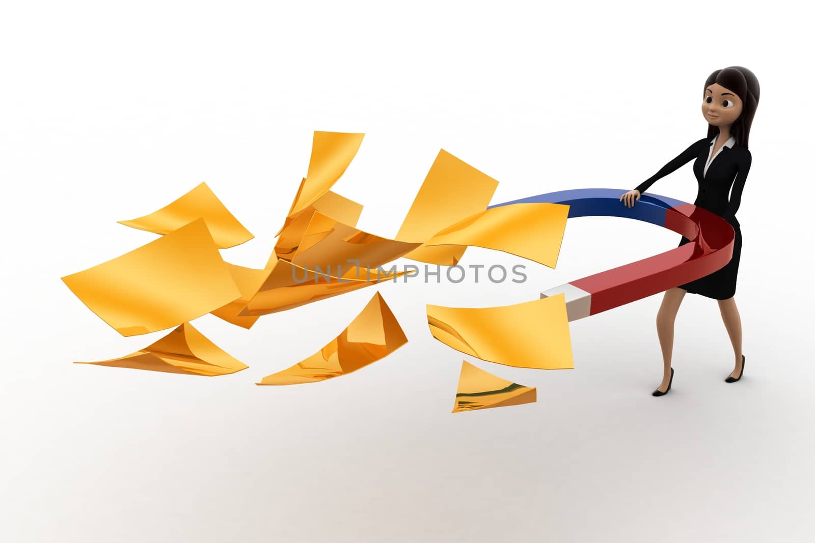 3d woman attract golden paper with magnet concept on white background, side angle view