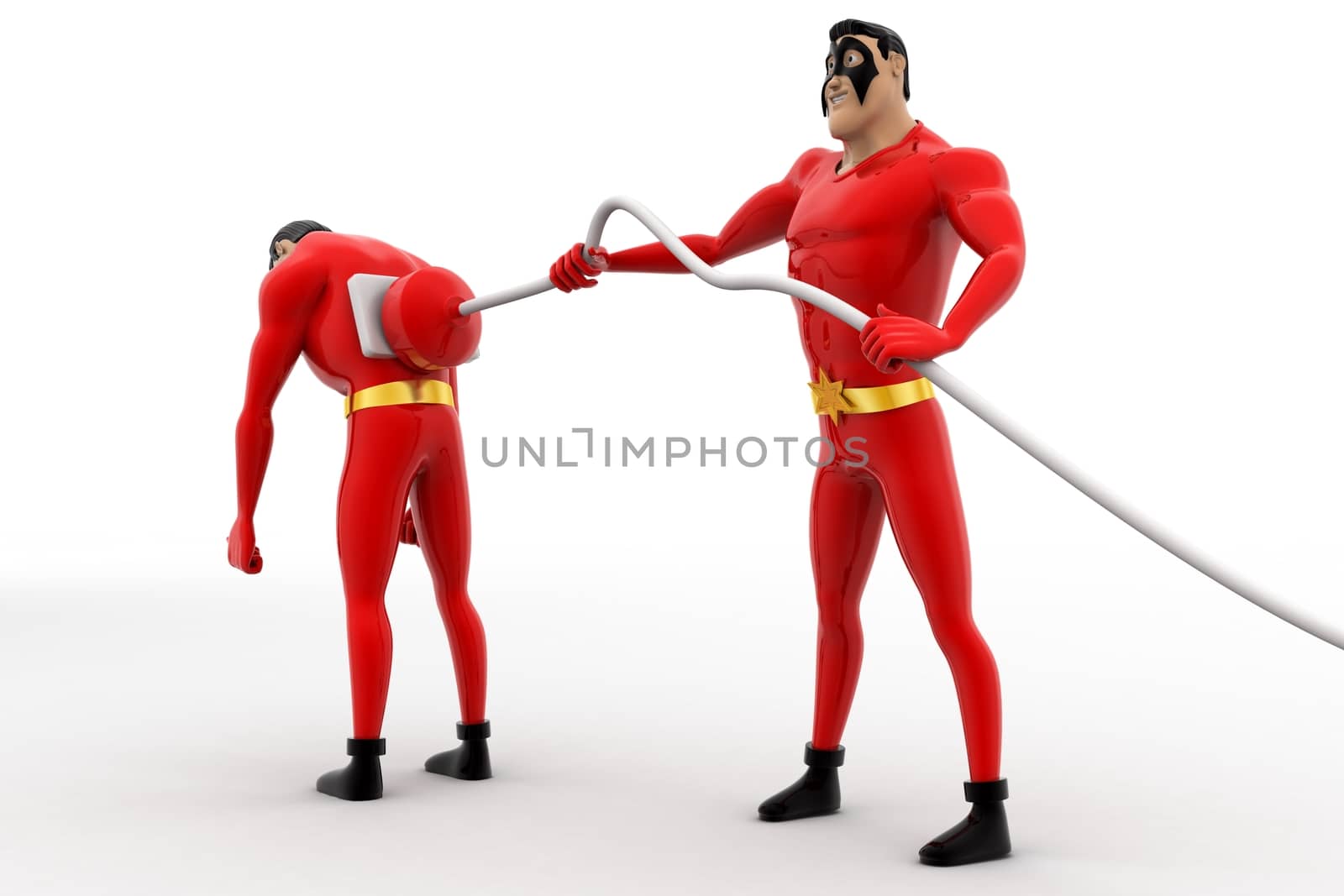 3d superhero  charge other superhero  with electric plug concept on white background, back angle view