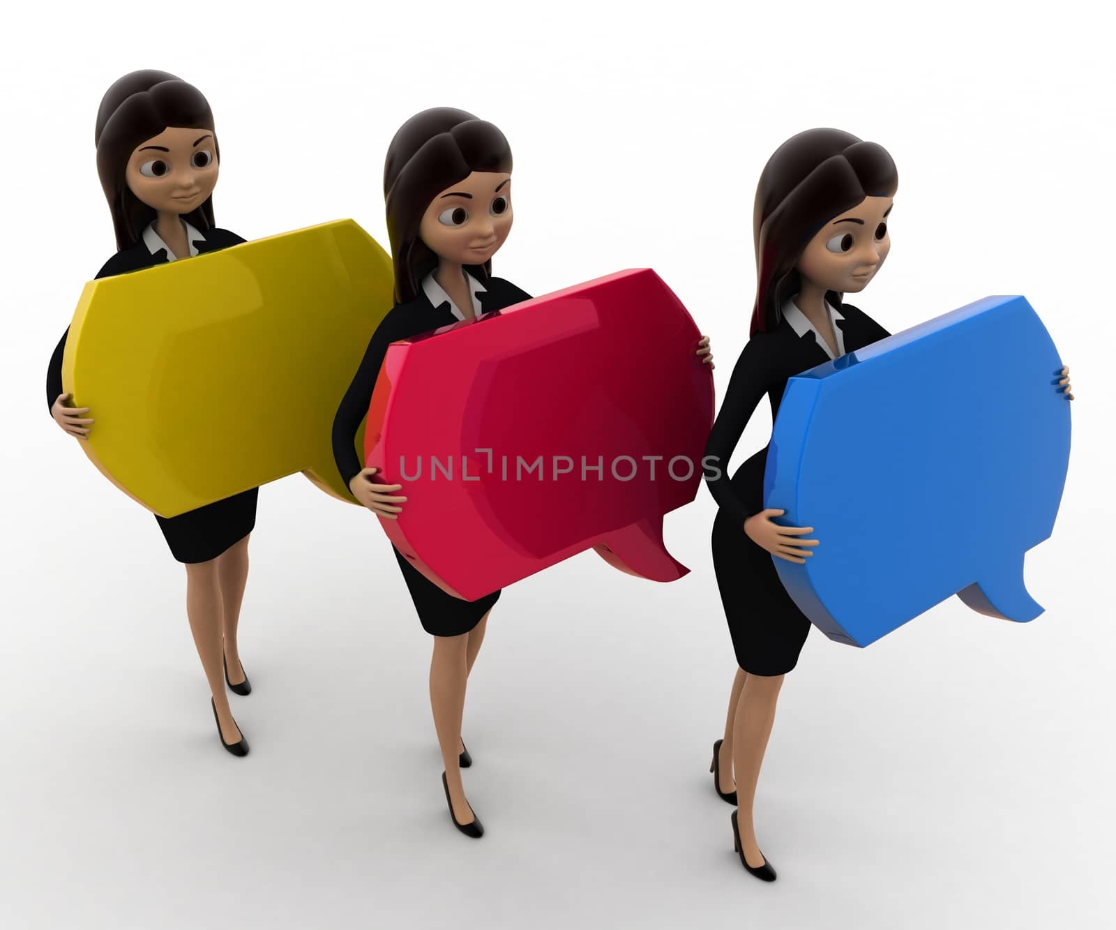 3d woman holding chat bubble in hand concept on white background, front angle view