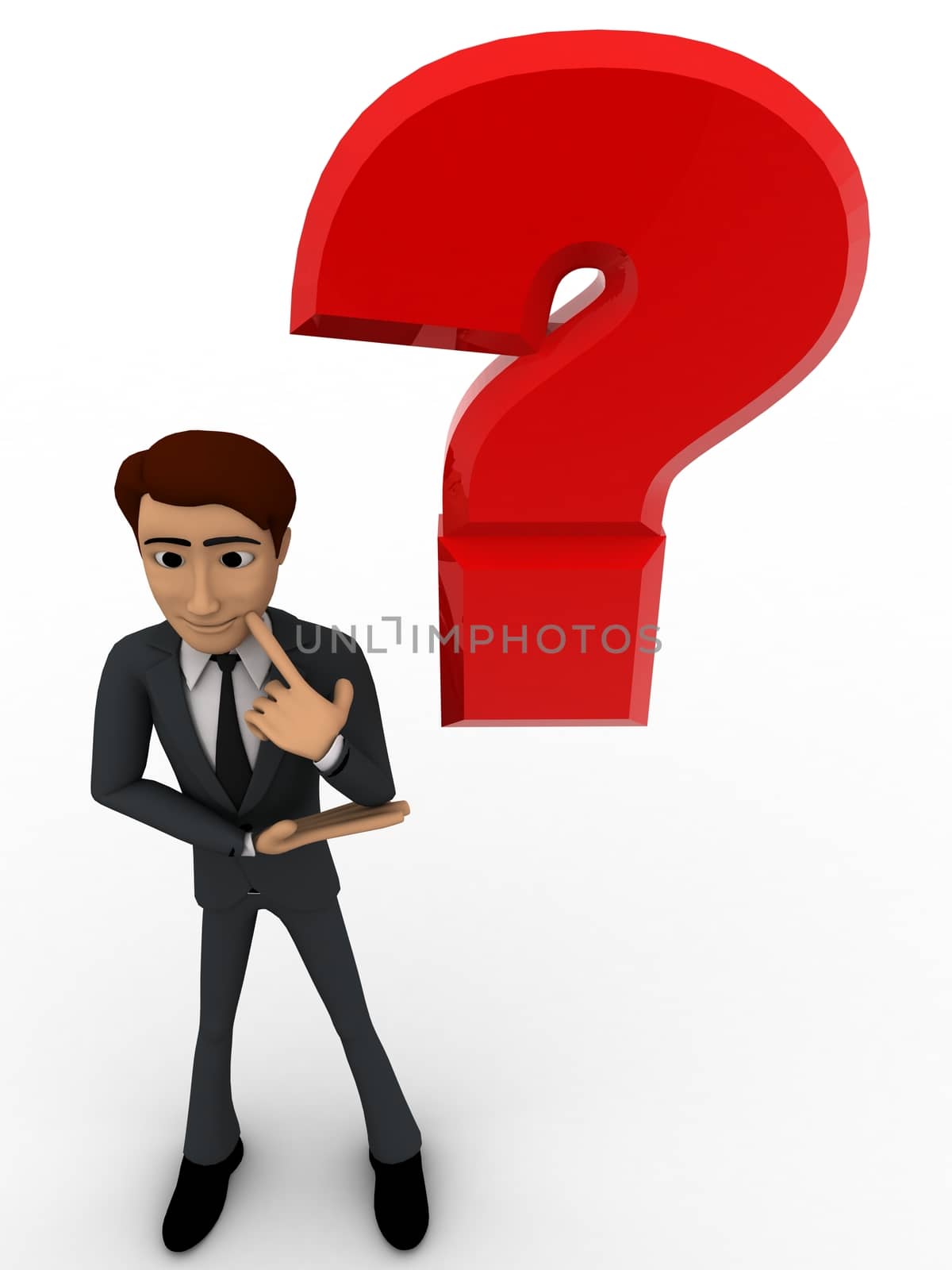 3d man with red question mark concept on white background,  front angle view
