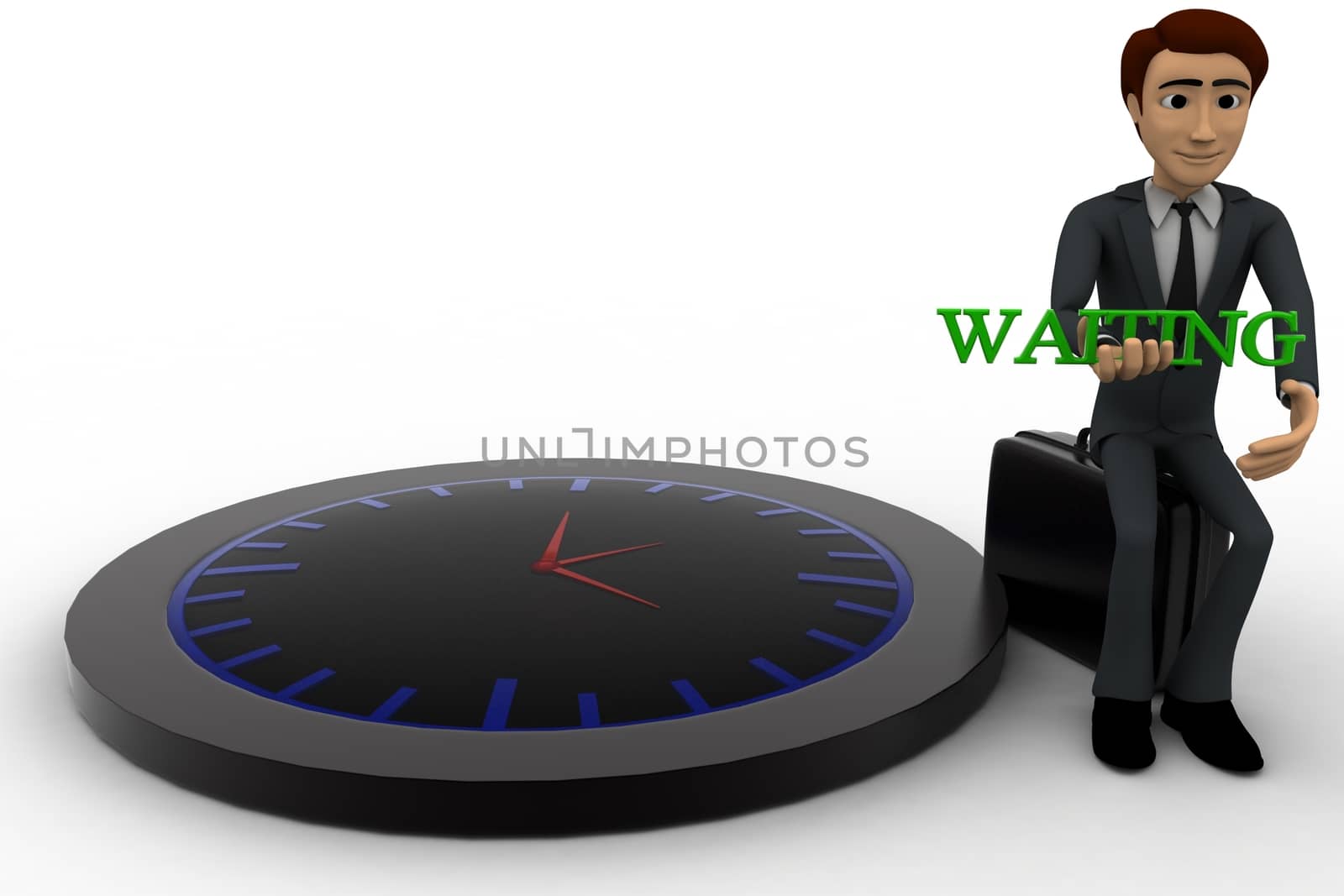 3d man waiting with clock concept on white background, front angle view