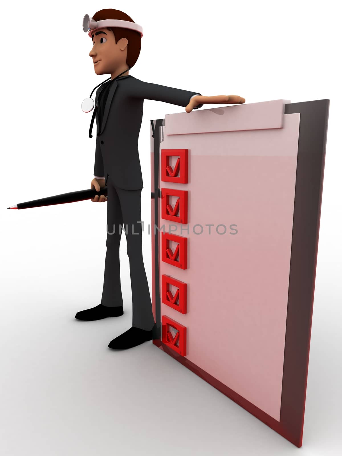 3d man doctor with check list concept on white background,  side  angle view