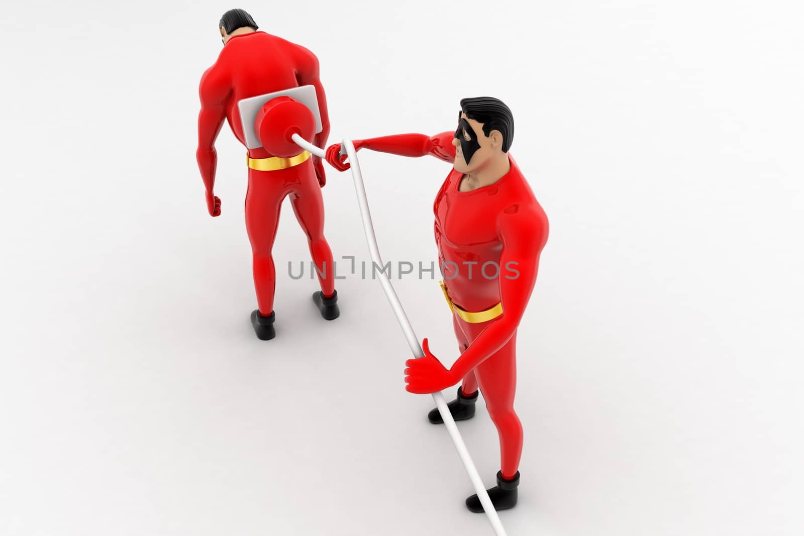 3d superhero  charge other superhero  with electric plug concept on white background, top angle view