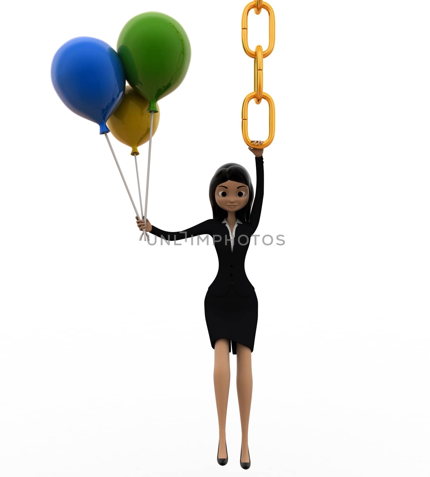 3d woman hanging on chain and holding balloons concept by touchmenithin@gmail.com