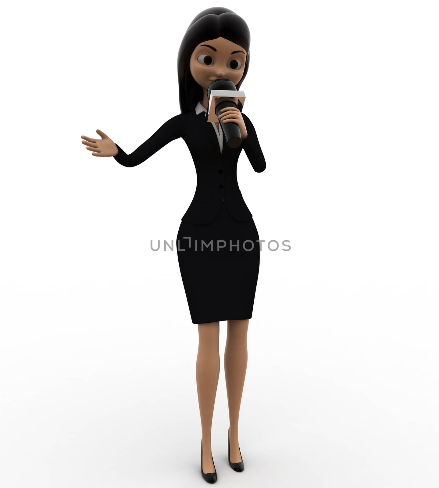 3d woman speaking in mic concept on white background, left  front angle view