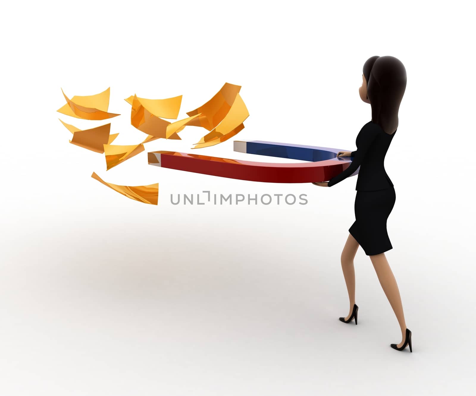 3d woman attract golden paper with magnet concept on white background, back angle view