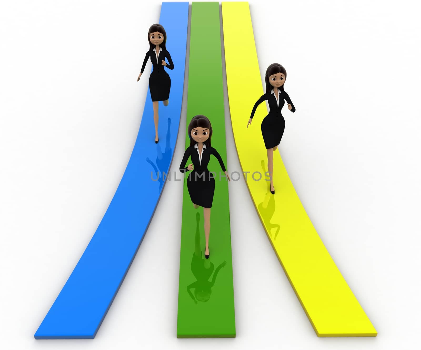 3d woman running on track concept on white background, front angle view