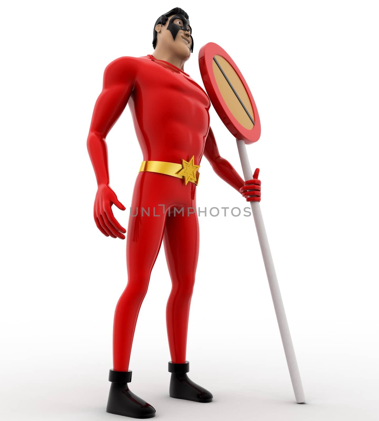 3d superhero  with no entry or stop sign concept on white background, low angle view