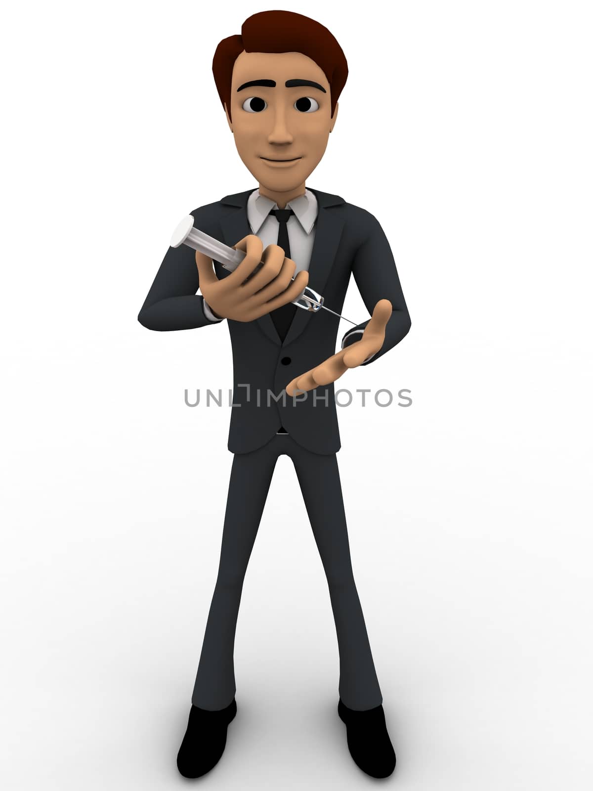 3d man giving injection to himself concept on white background, front angle view