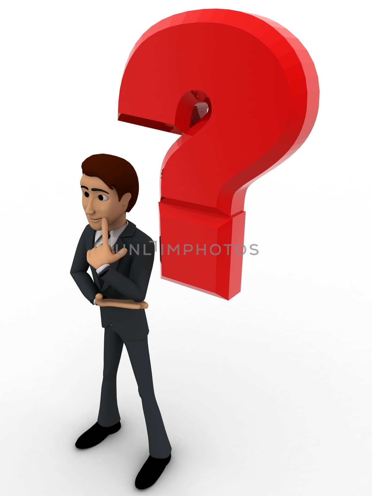 3d man with red question mark concept on white background, side angle view