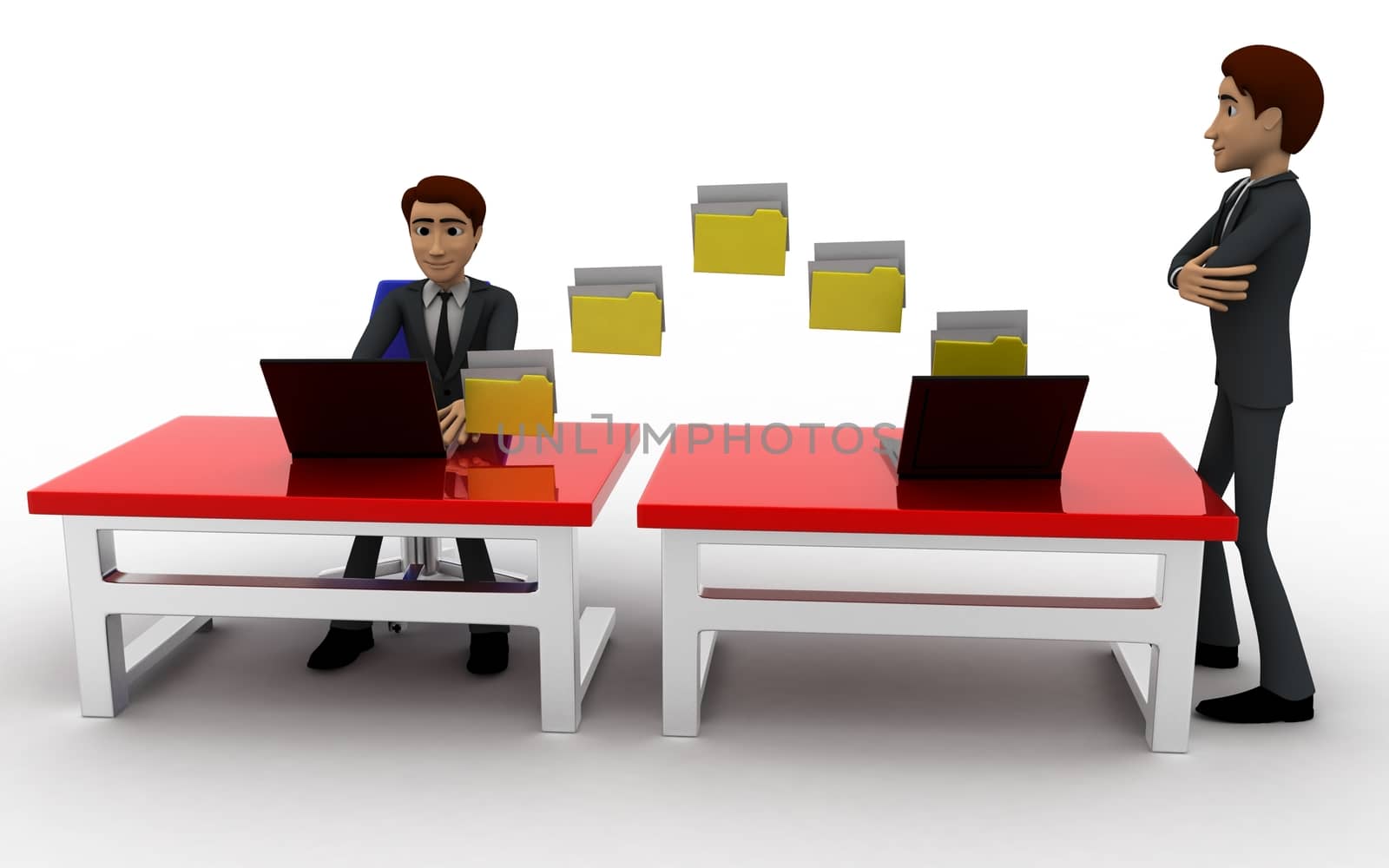 3d man file transfer between computer concept on white background, front angle view