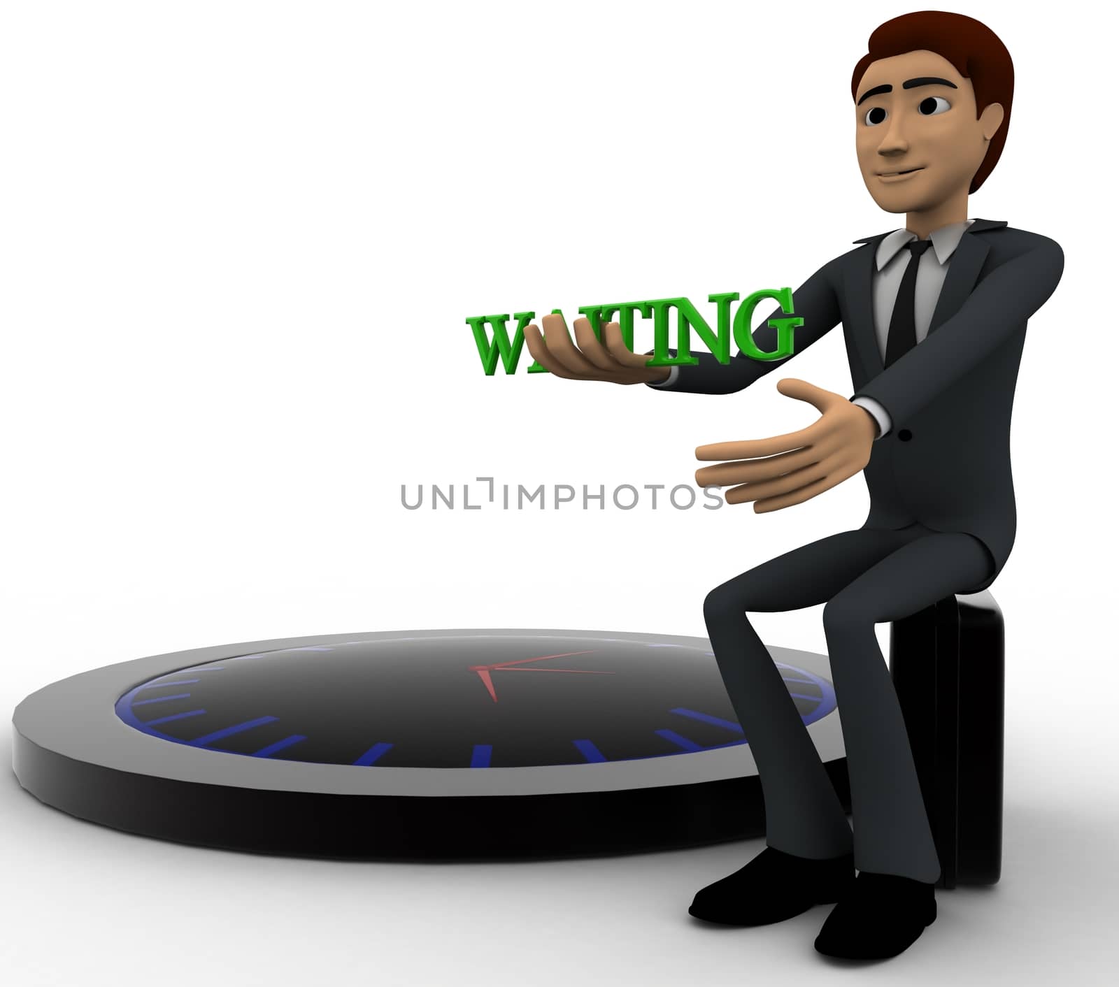 3d man waiting with clock concept on white background, side angle view
