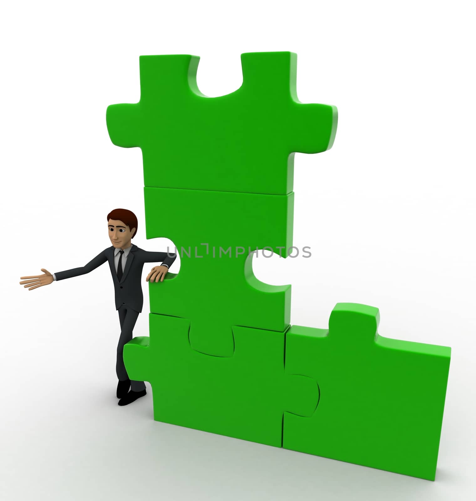 3d man with green puzzle concept on white background, side top  angle view