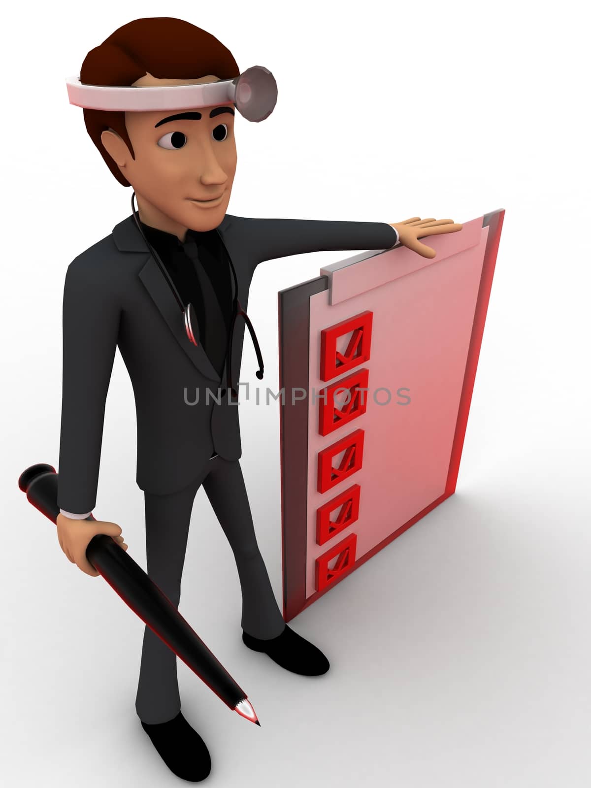 3d man doctor with check list concept on white background,  top angle view