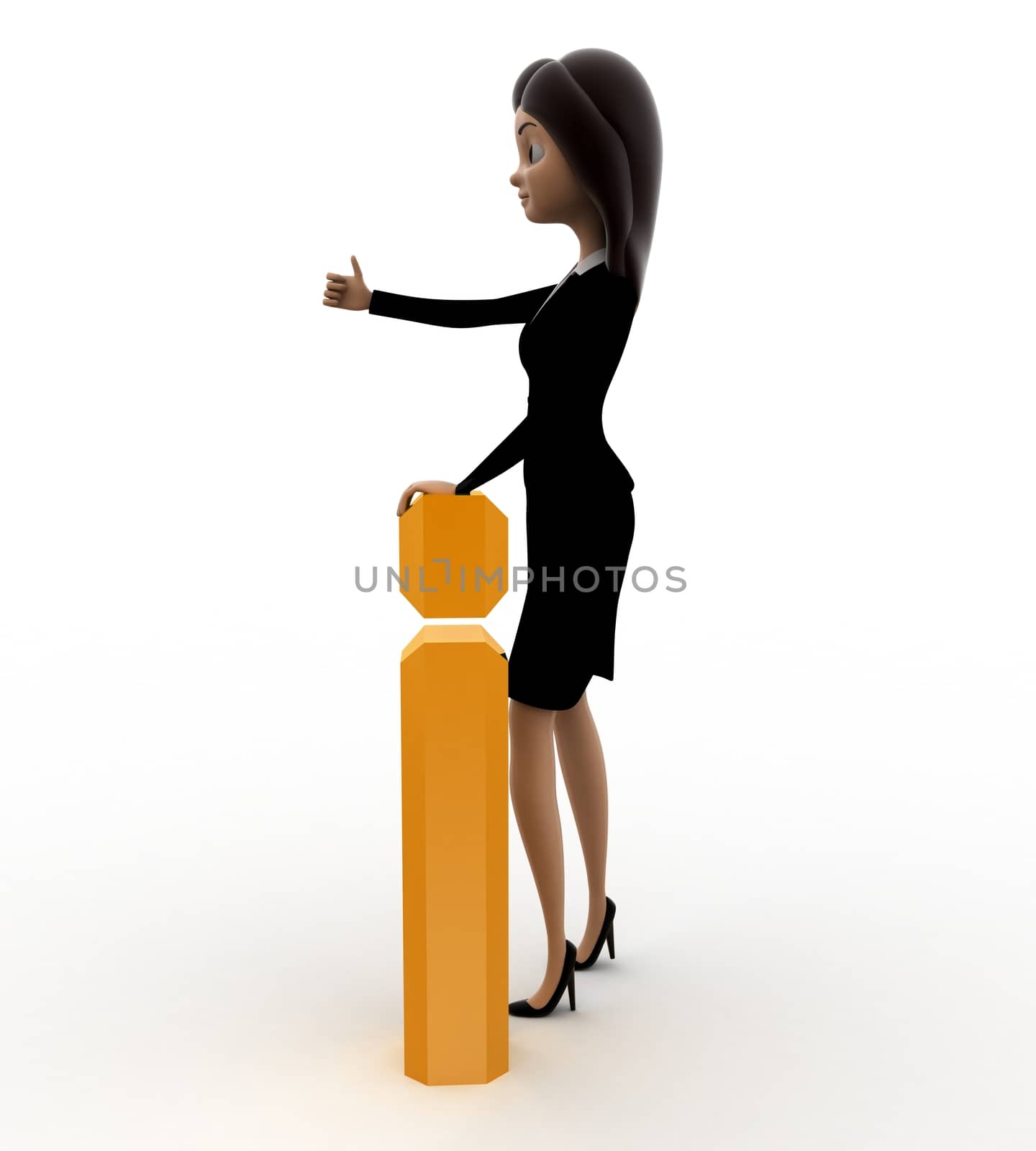 3d woman with golden exclamation mark concept on white background, side angle view