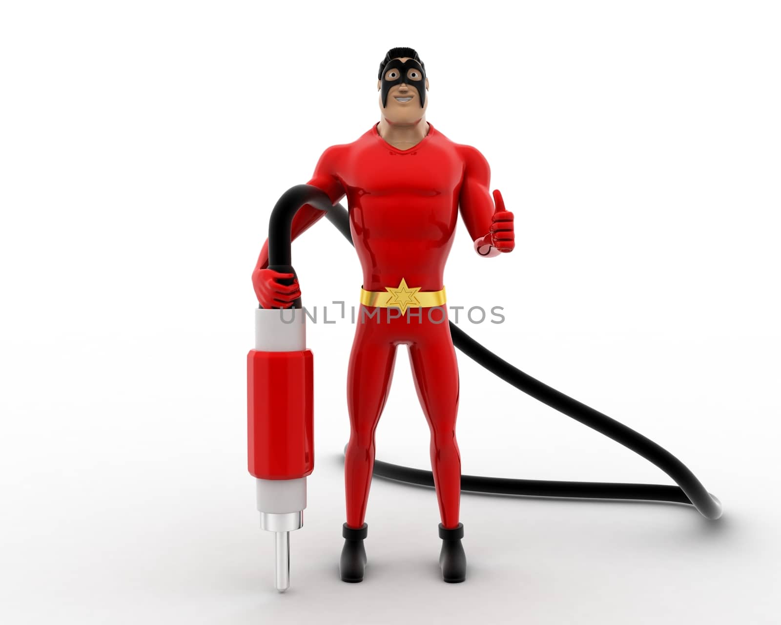 3d superhero  with plug pin concept on white background, front angle view