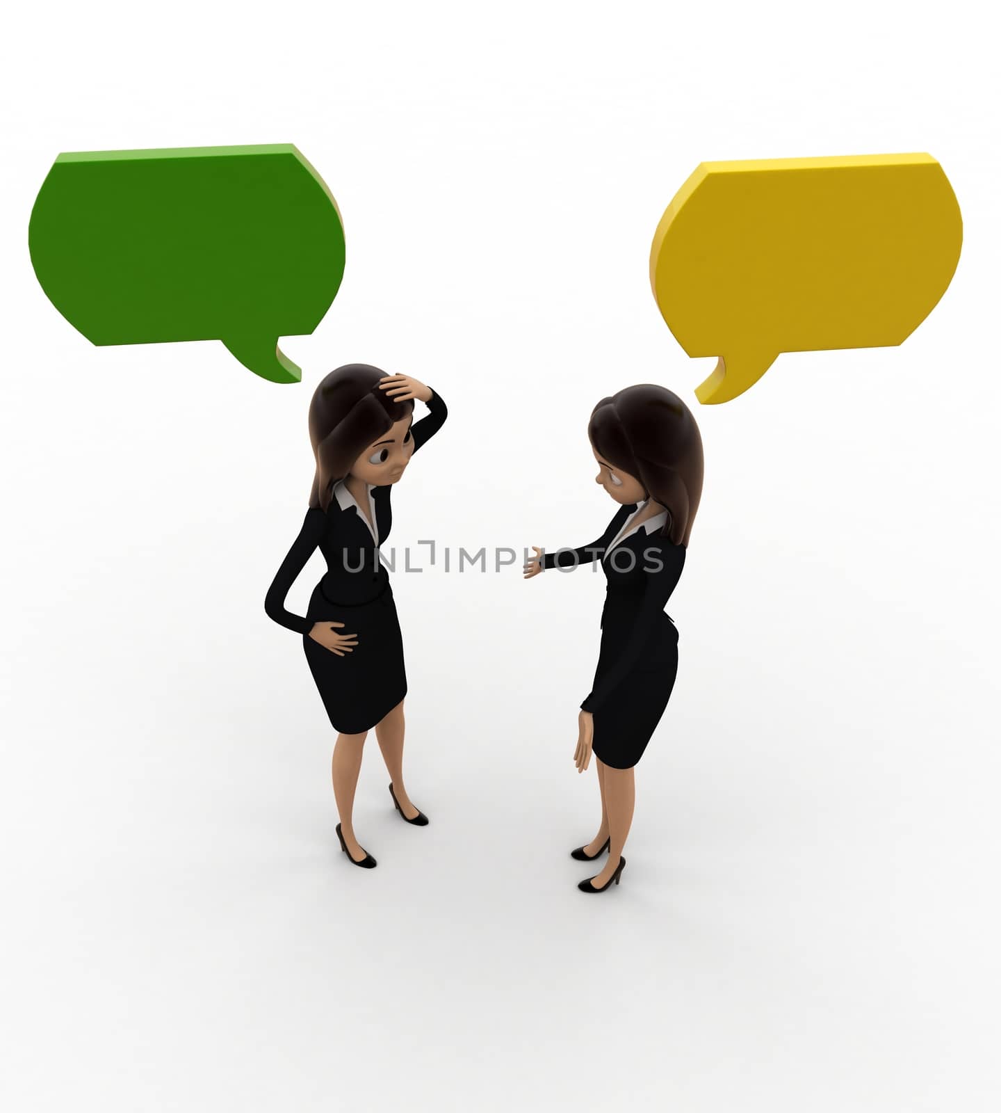 3d woman talking with chat bubble concept on white background, top angle view