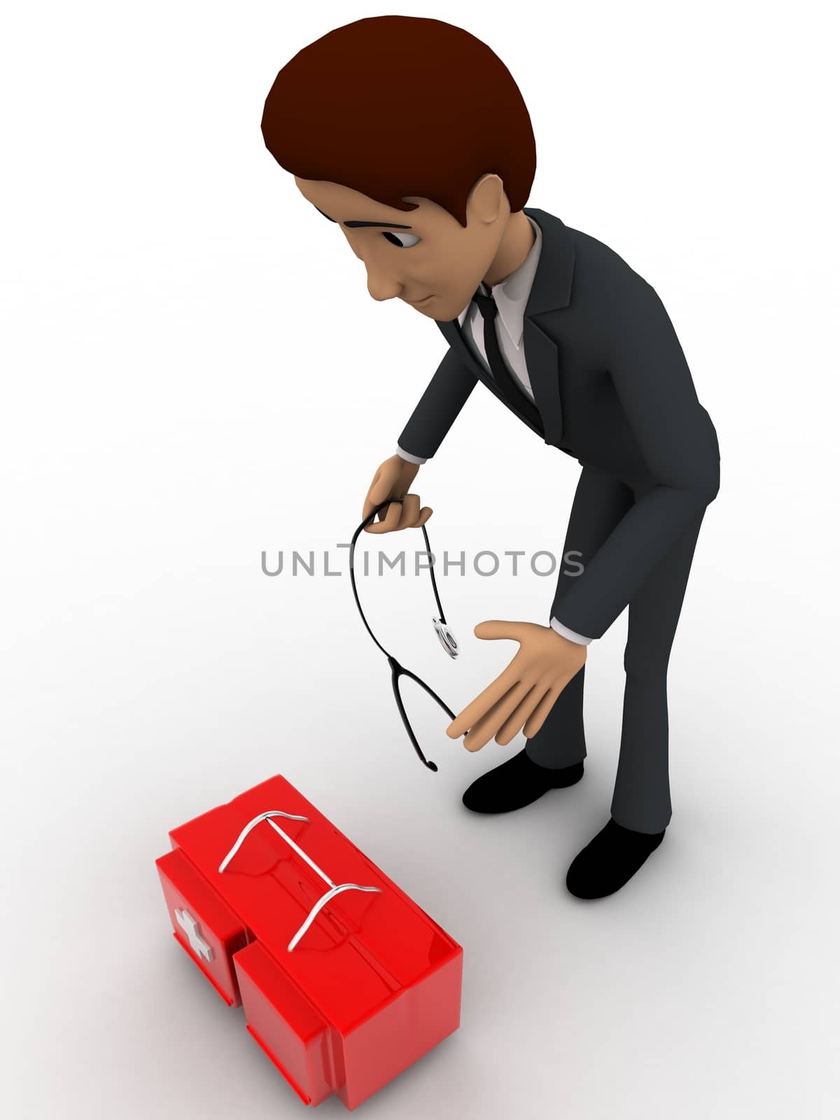 3d man with doctors kit concept on white background, top angle view