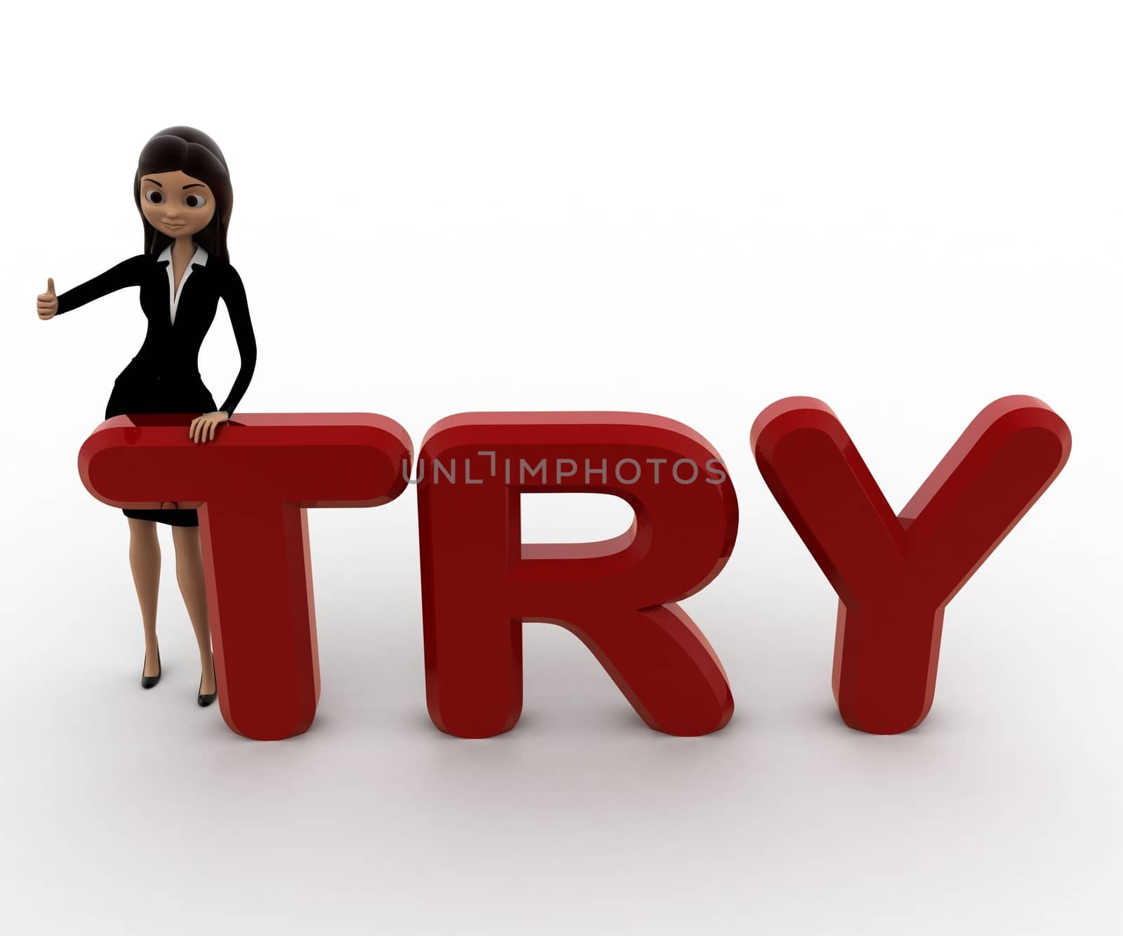 3d woman with try text concept on white background, top angle view