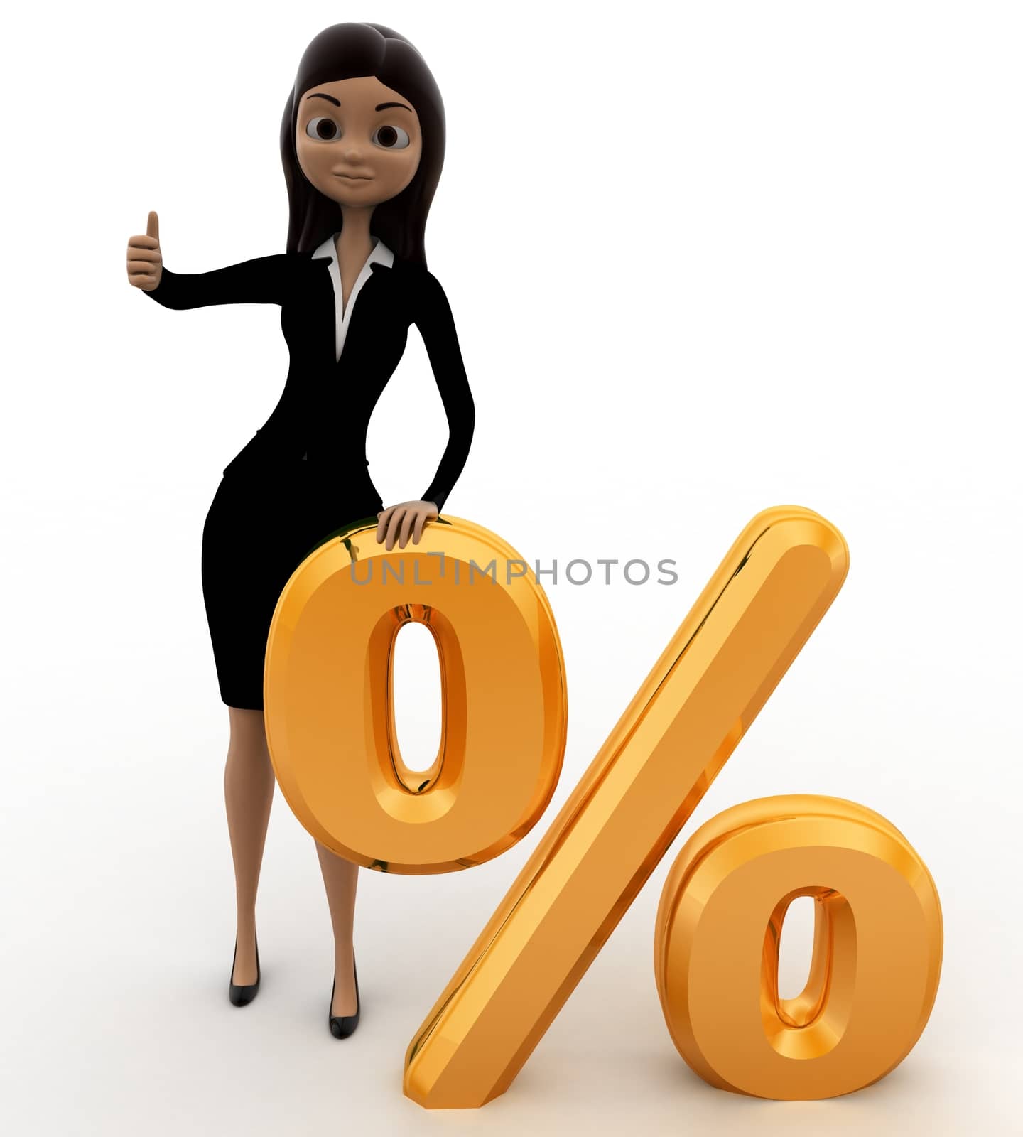 3d woman with golden percent symbol concept on white background, front angle view