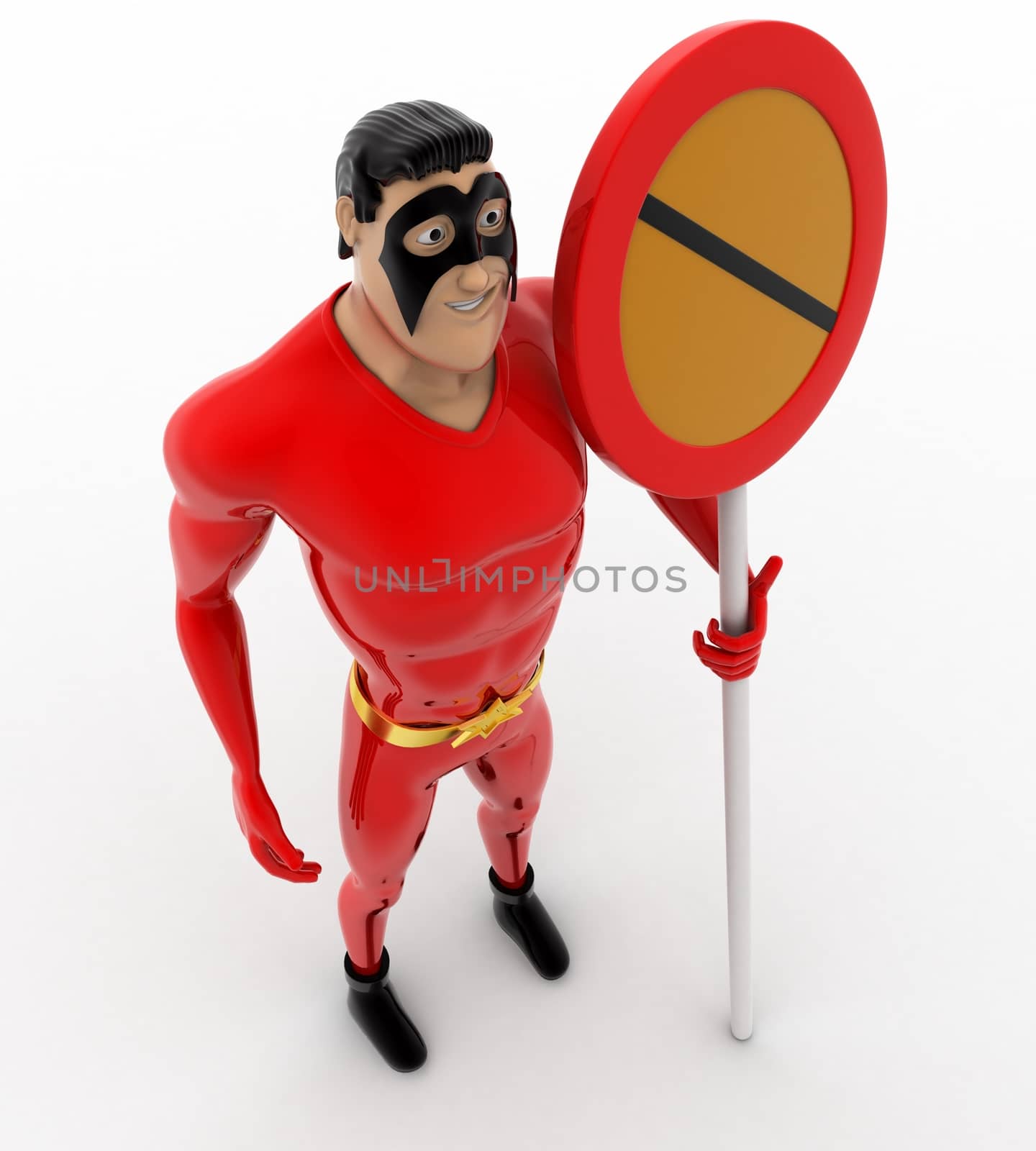 3d superhero  with no entry or stop sign concept on white background, top angle view