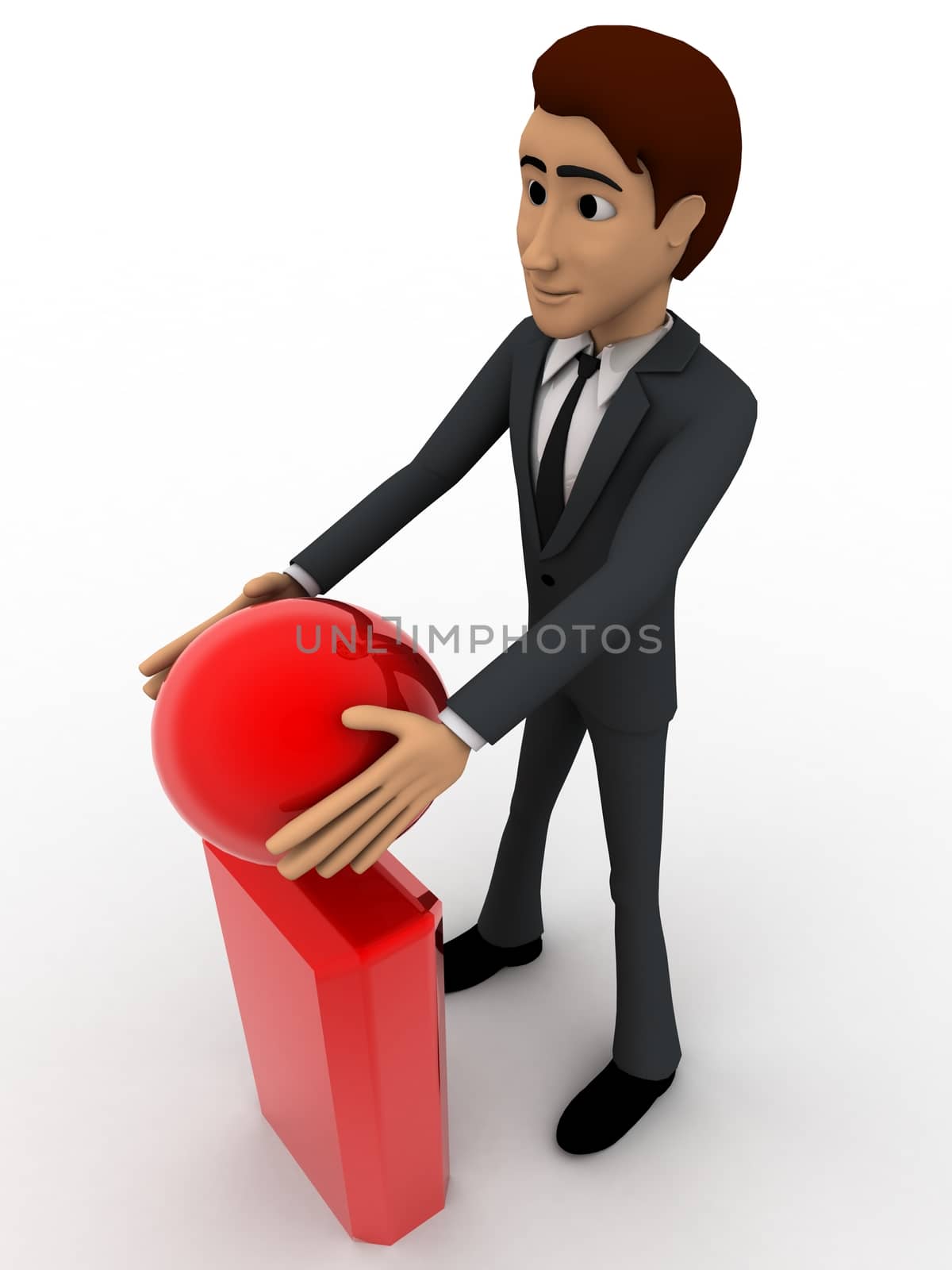 3d man with exclamation mark concept on white background, top angle view