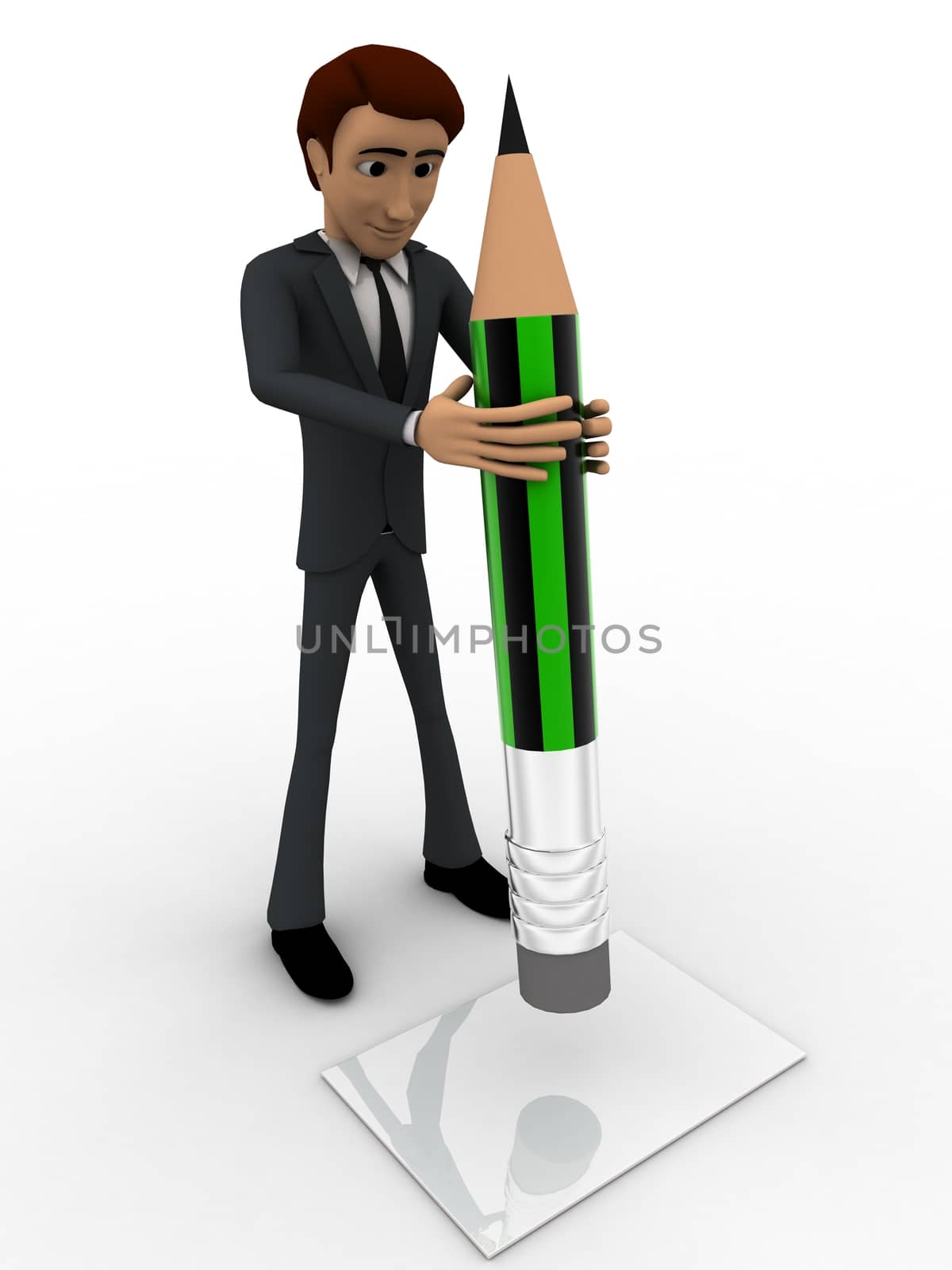 3d man holding green pencil concept on white background,  front angle view