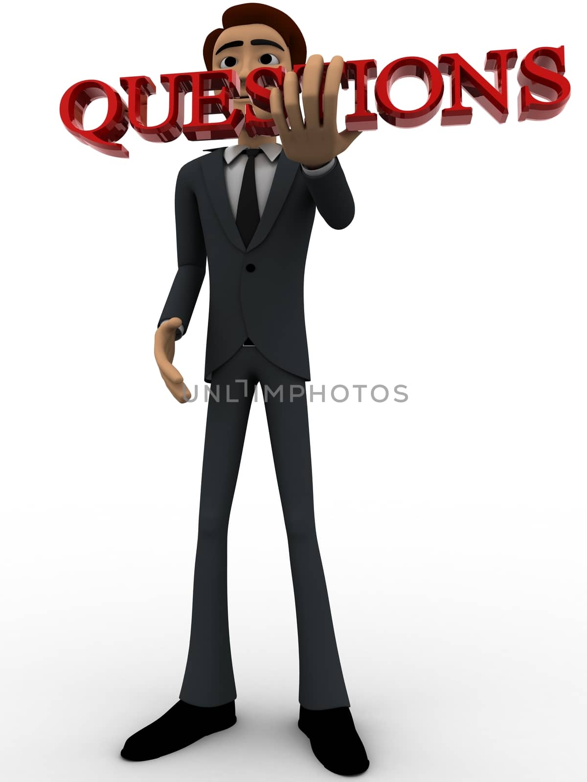 3d man holding questions text in hand concept by touchmenithin@gmail.com