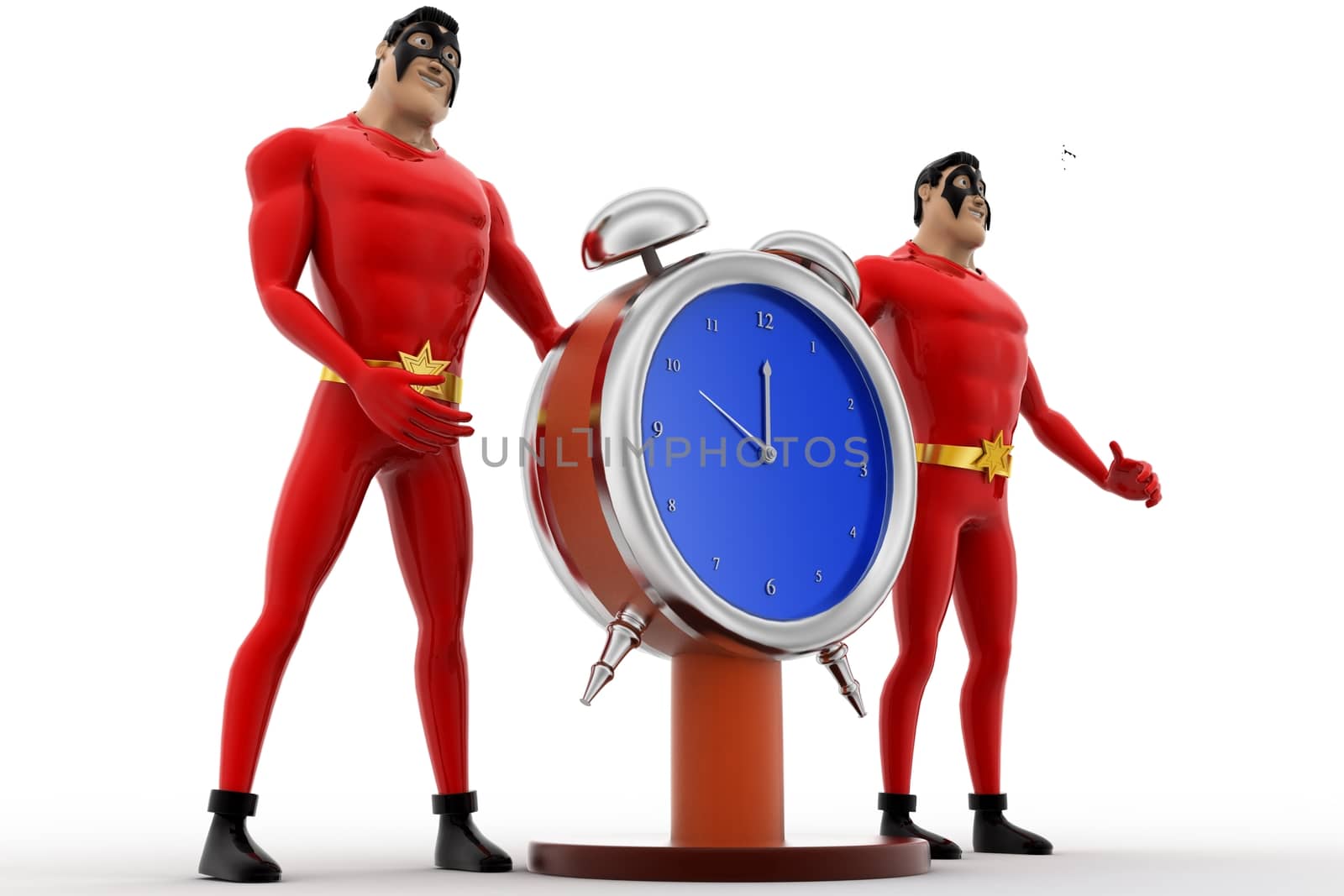 3d superhero  with stop watch concept on white background,  side angle view