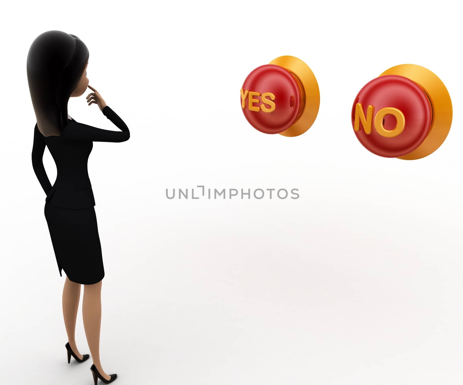 3d woman thinking which button to press yes or no concept on white background, side angle view