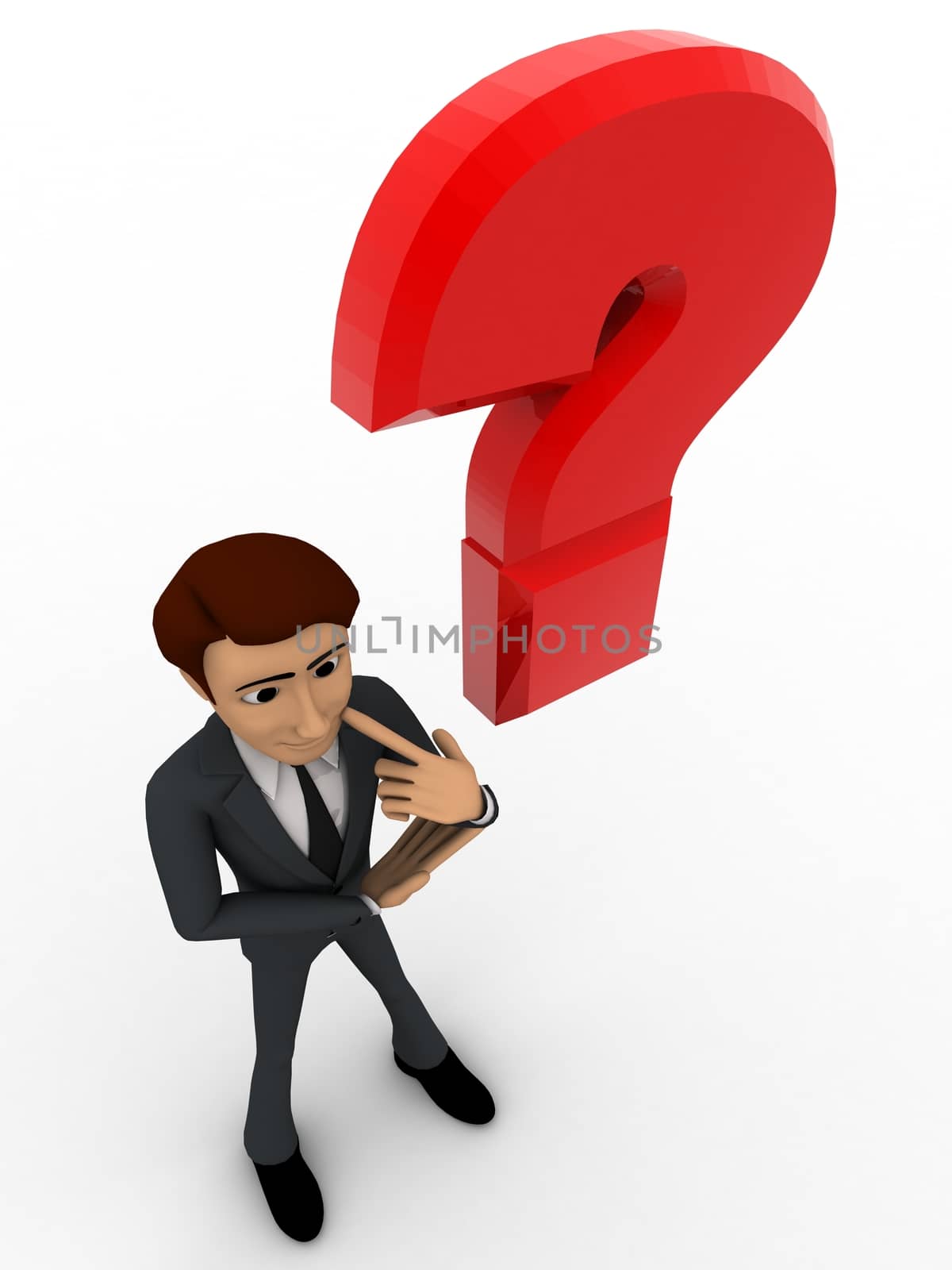 3d man with red question mark concept on white background, top angle view