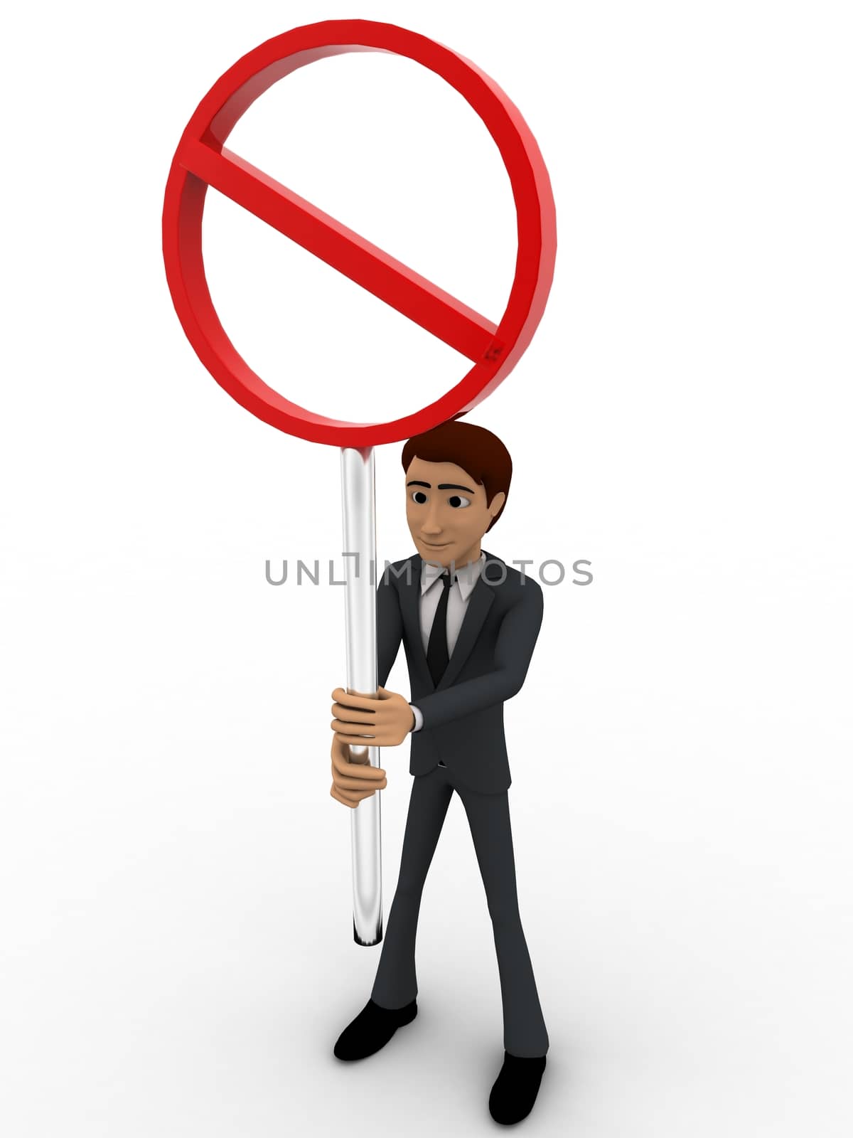 3d man holding stop sign board concept on white background,  front  angle view