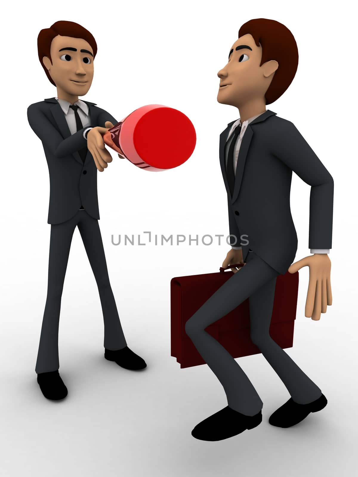 3d man stopping another man from going concept on white background, side angle view